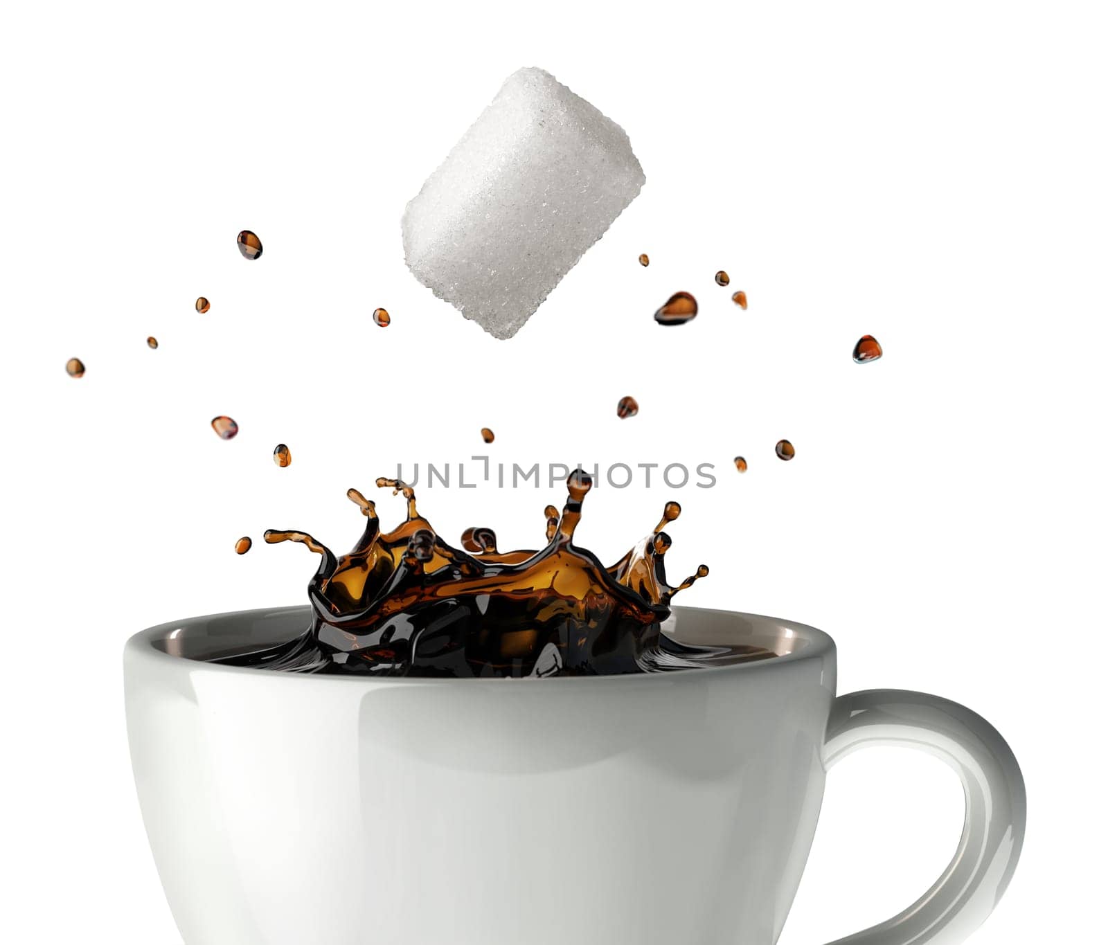 Sugar cube falling and splashing into a cup of black coffee. Close up view. On white background