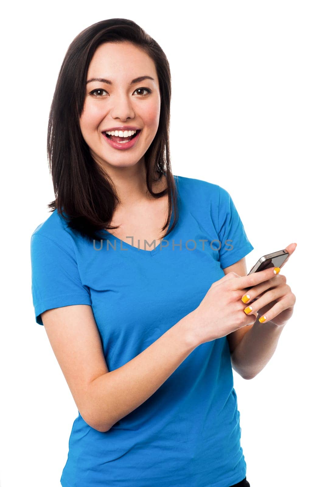 Beautiful smiling lady using smartphone