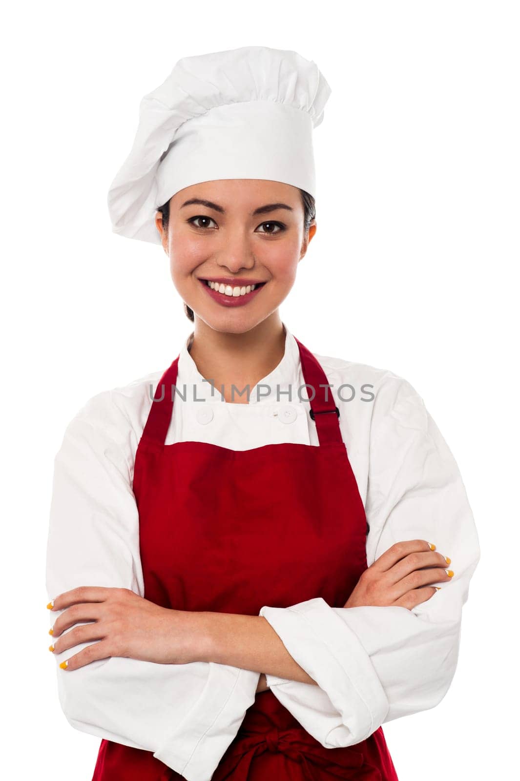 Smiling female chef isolated on white