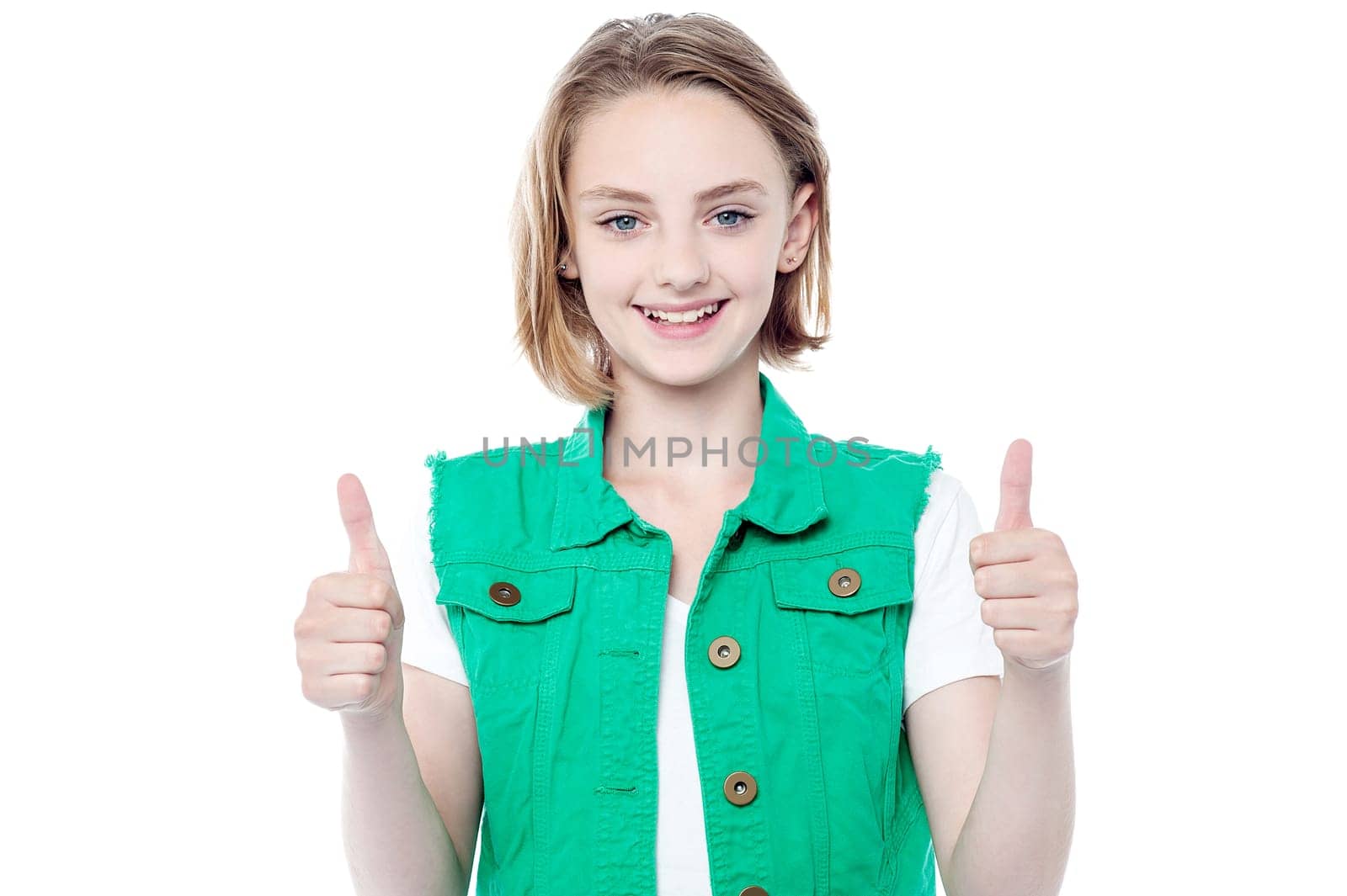 Pretty girl showing double thumbs up