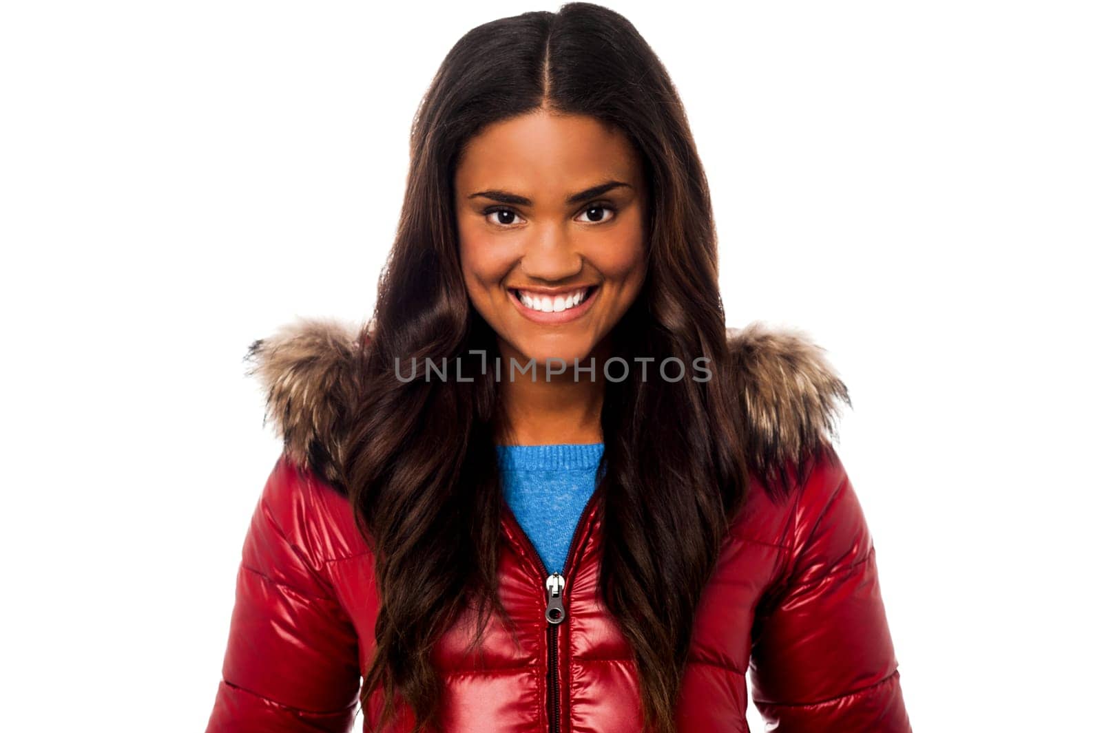 Smiling cute girl in red jacket