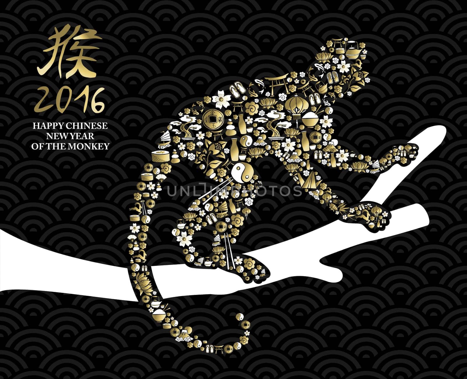 2016 Happy Chinese New Year of the Monkey ape silhouette made with gold china asian icons on tree branch over black background. EPS10 vector.         .