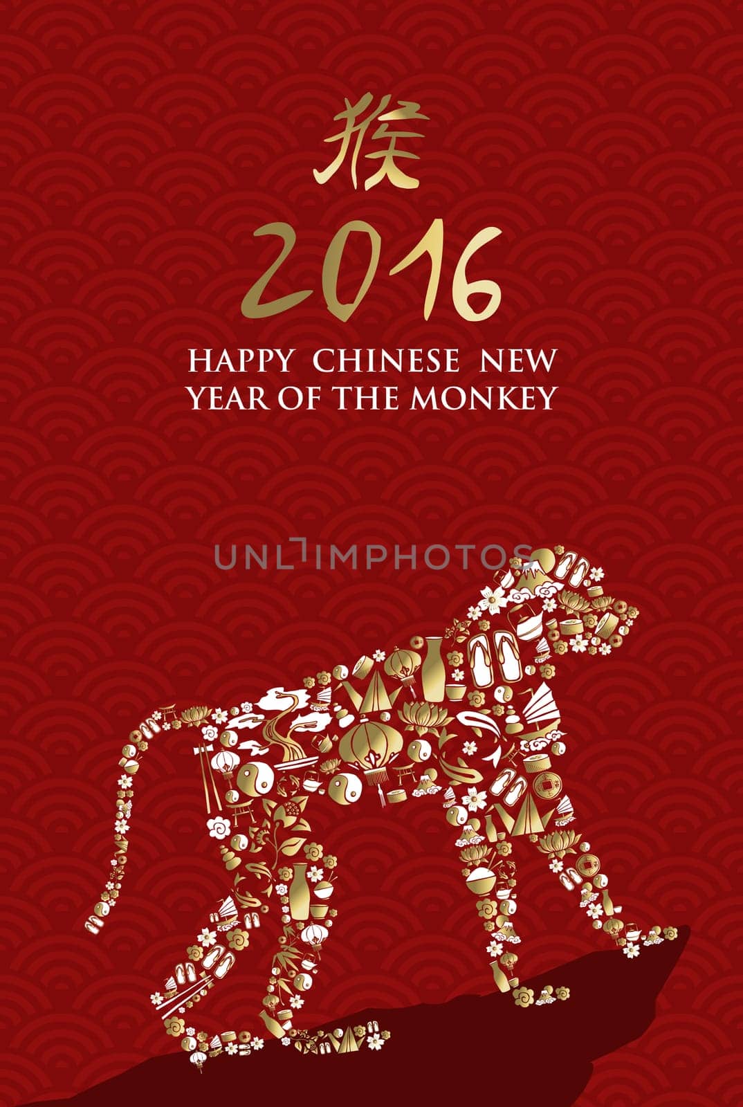 2016 Happy Chinese New Year of the Monkey ape silhouette made from gold china asian culture symbols and icons with traditional calligraphy text. EPS10 vector.      .