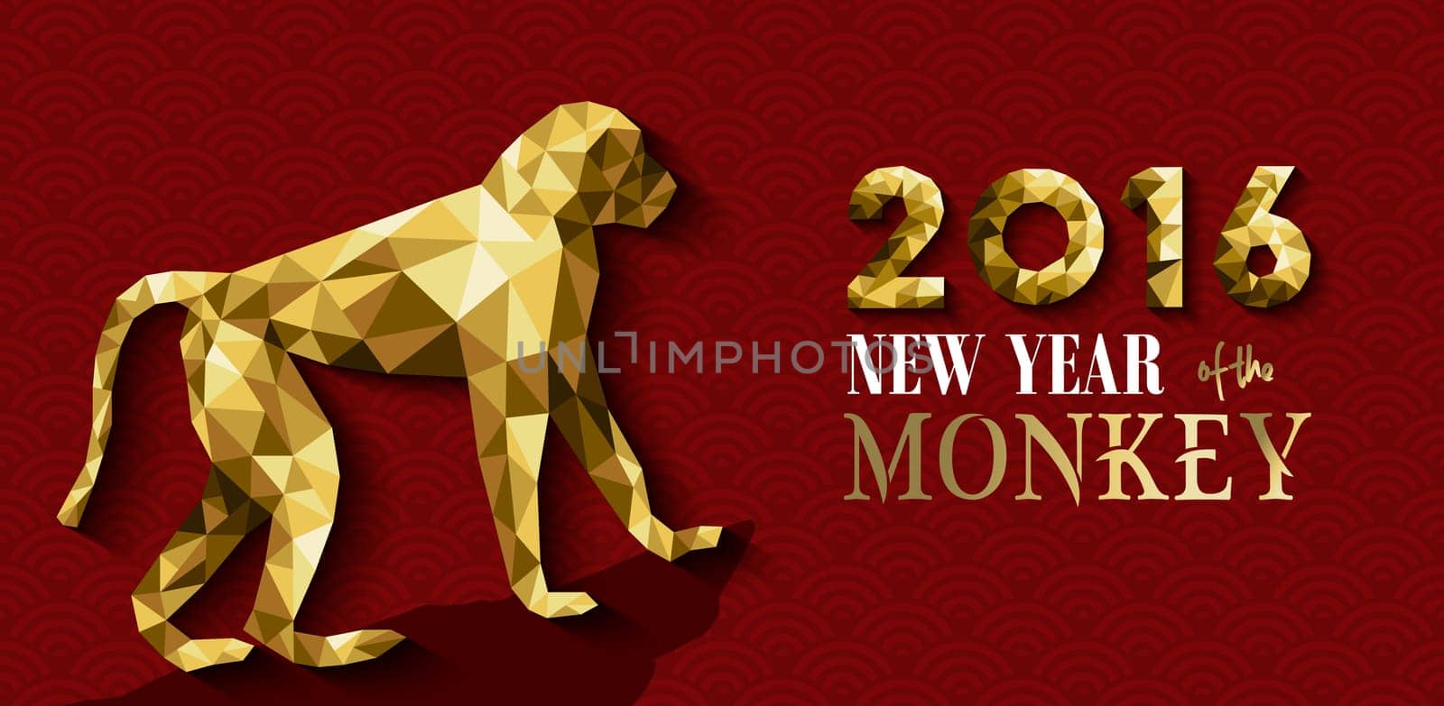 2016 Happy Chinese New Year of the Monkey greeting card design with ape silhouette in gold low poly geometry style. EPS10 vector.