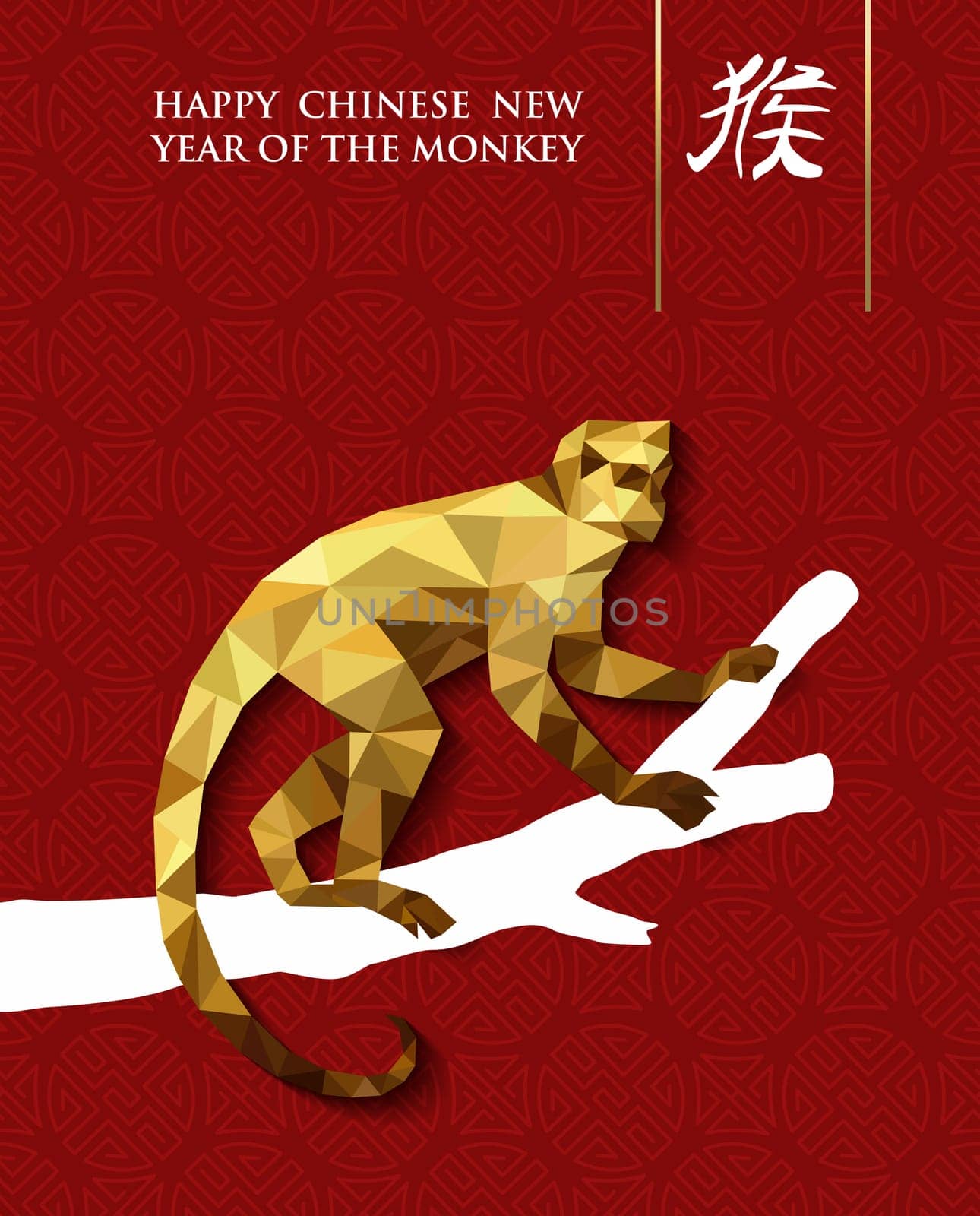 2016 Happy Chinese New Year of the Monkey greeting card design with gold low poly ape on tree branch over red pattern background. EPS10 vector.