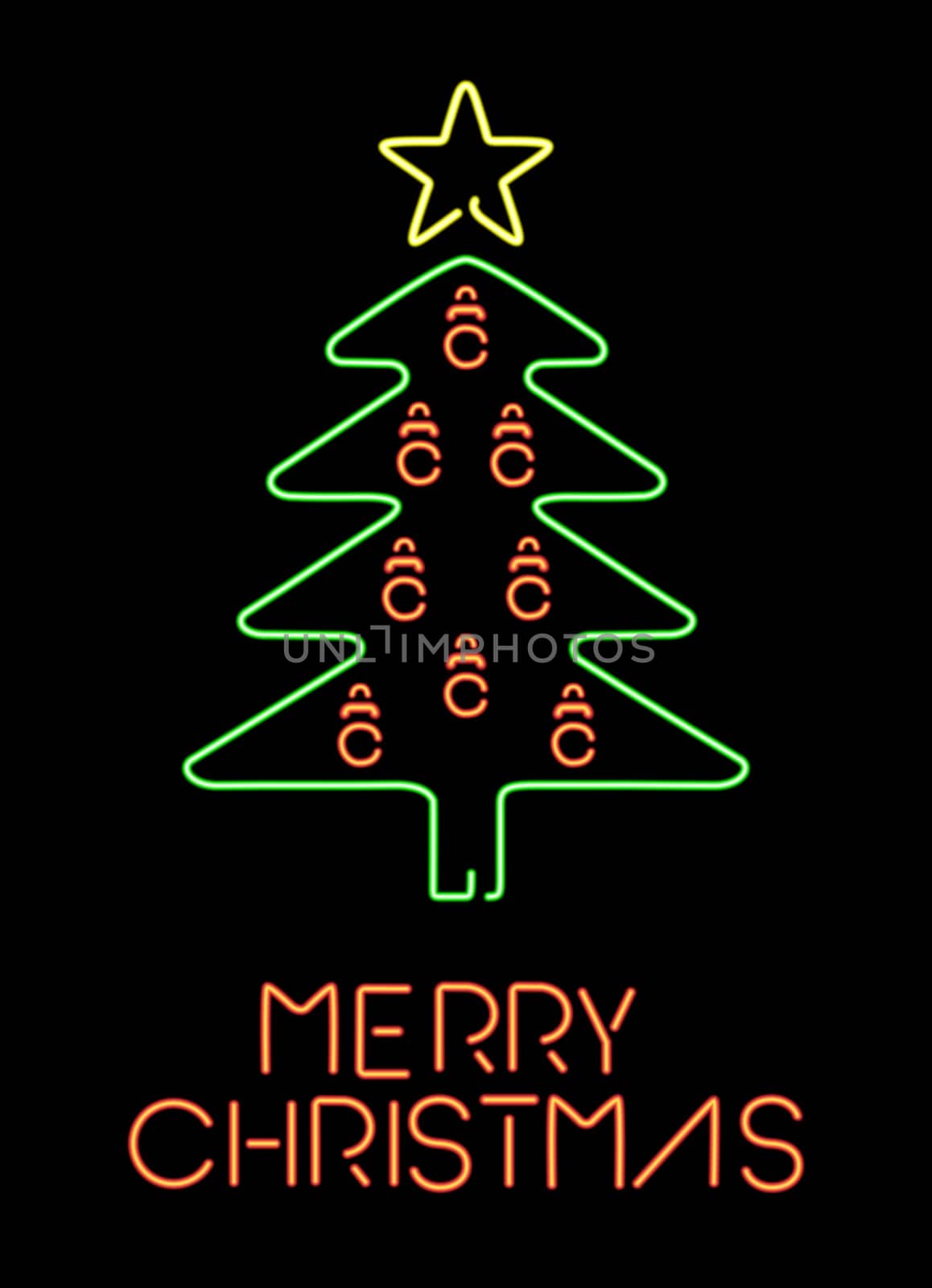 Merry christmas retro neon design, colorful xmas pine tree outline with ornament baubles and star decoration. Ideal for holiday greeting card or poster. EPS10 vector.