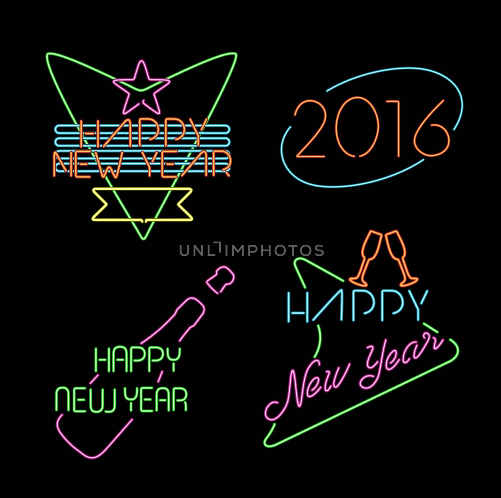 Happy new year 2016 neon light style label set, retro designs with text and holiday celebration elements. EPS10 vector.