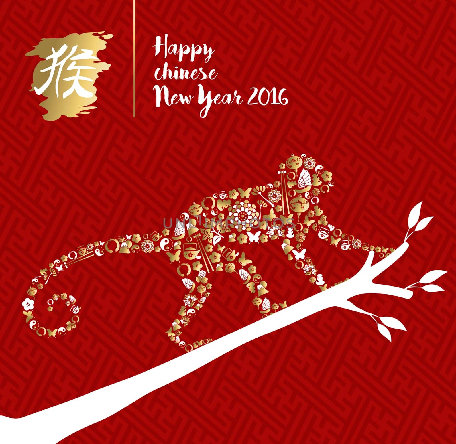 2016 Happy Chinese New Year of the Monkey ape silhouette made from gold china asian culture icons on tree branch. EPS10 vector.