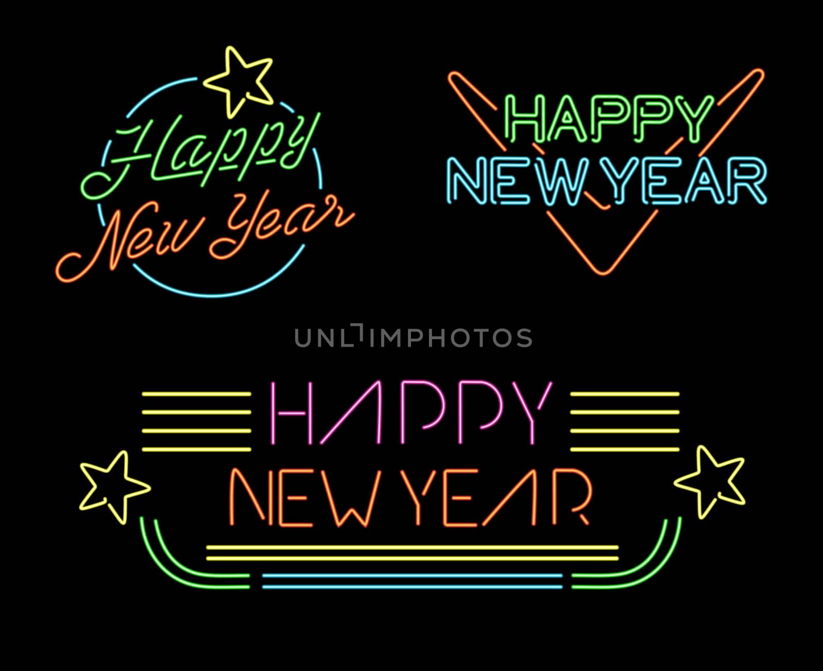 Happy New Year retro label set, isolated neon light style designs with text, stars and geometry elements. EPS10 vector.