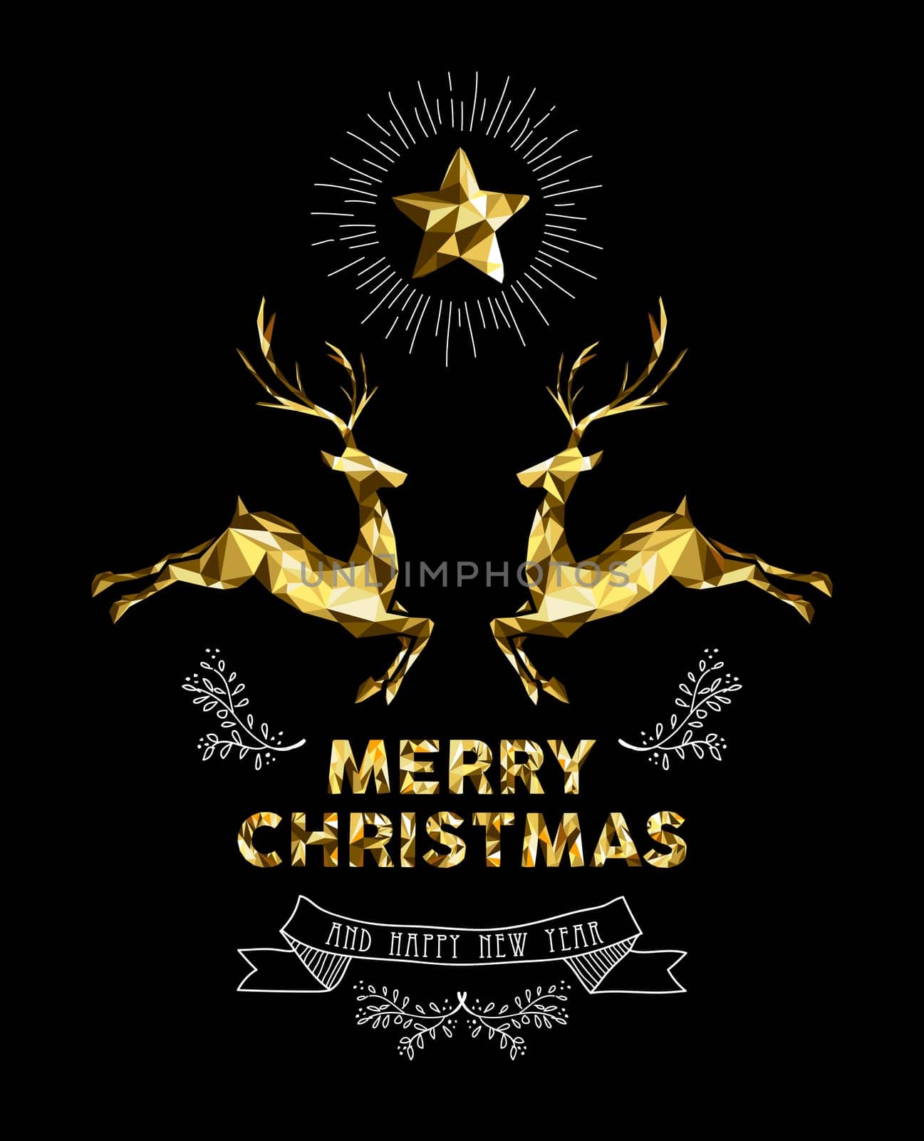 Merry Christmas happy new year elegant label design illustration in gold low poly style with reindeer and hand drawn ornament decoration. Ideal for holiday greeting card, Xmas poster or web.  EPS10 vector.