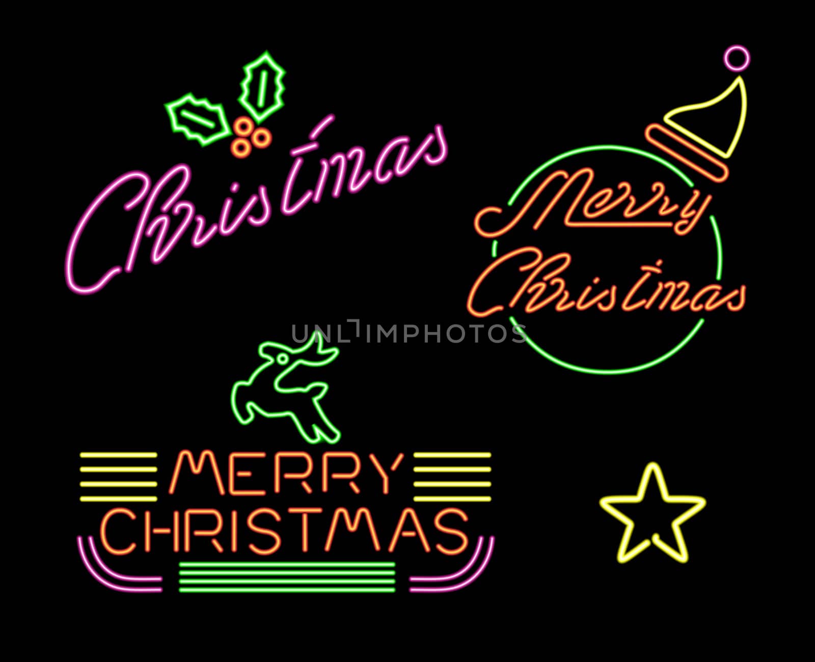 Merry Christmas retro label set in neon light style, 50s 60s decoration with Xmas text and holiday elements. Includes holly, Santa hat, star, reindeer. EPS10 vector.