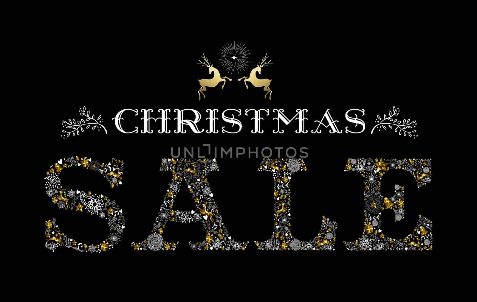 Christmas sale design with reindeer label in gold color and holiday elements making text shape. Ideal for commercial campaign, shop poster or web. EPS10 vector.