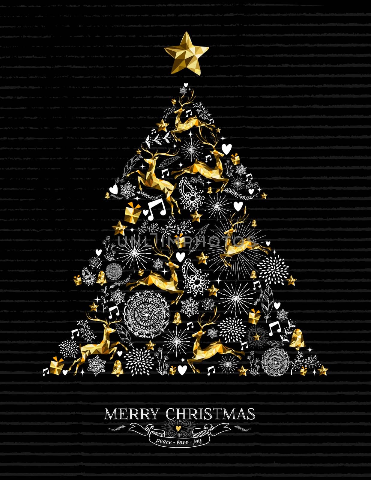 Merry Christmas retro greeting card design with gold low poly reindeer, stars and holiday elements making xmas pine tree silhouette shape. EPS10 vector.   .