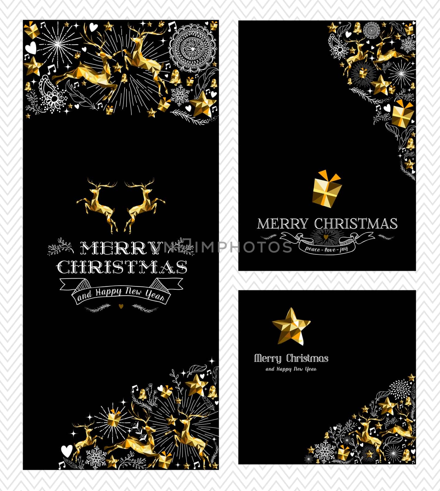 Merry Christmas Happy New Year elegant greeting card design set with text, gold low poly reindeer and hand drawn holiday elements. EPS10 vector.