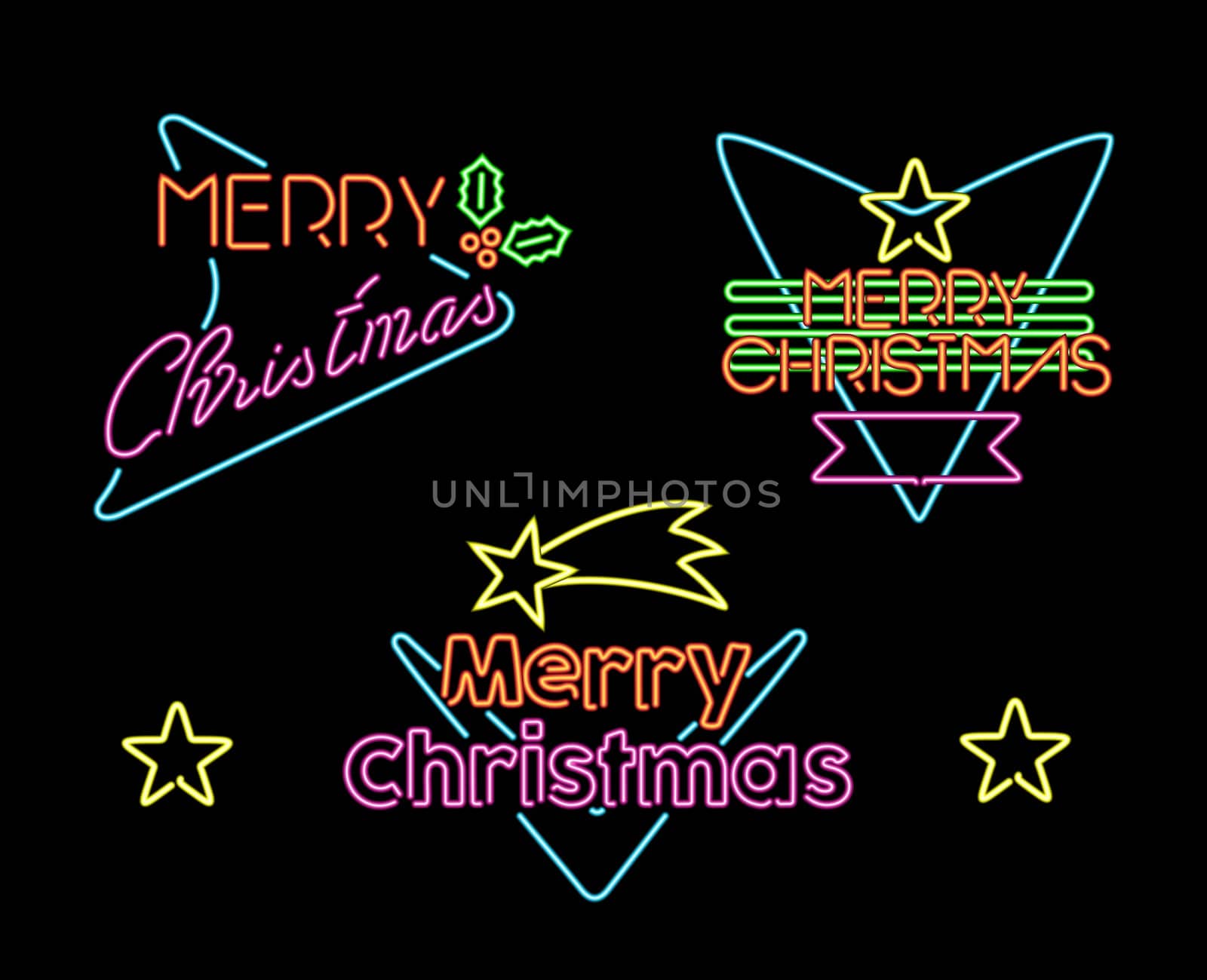 Merry christmas vintage neon light label 50s set with text and xmas shapes. Ideal for holiday designs.  EPS10 vector.