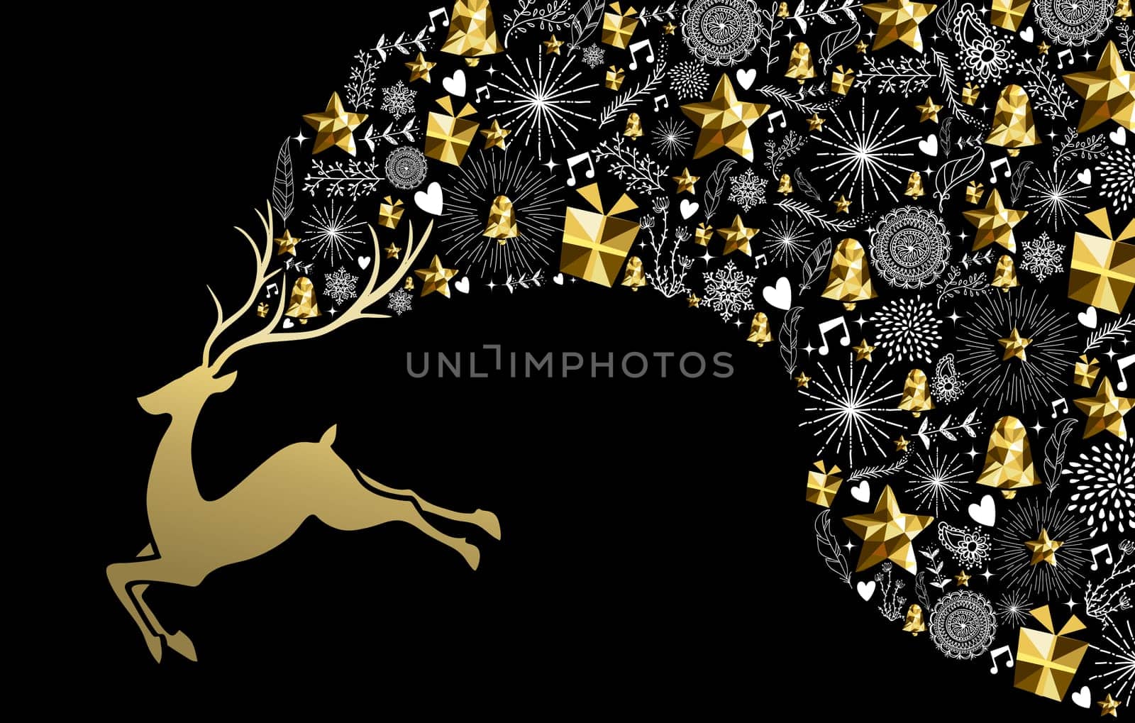 Christmas new year concept illustration design, jumping golden reindeer silhouette with gold low poly holiday elements. Ideal for xmas greeting card.  EPS10 vector.   .