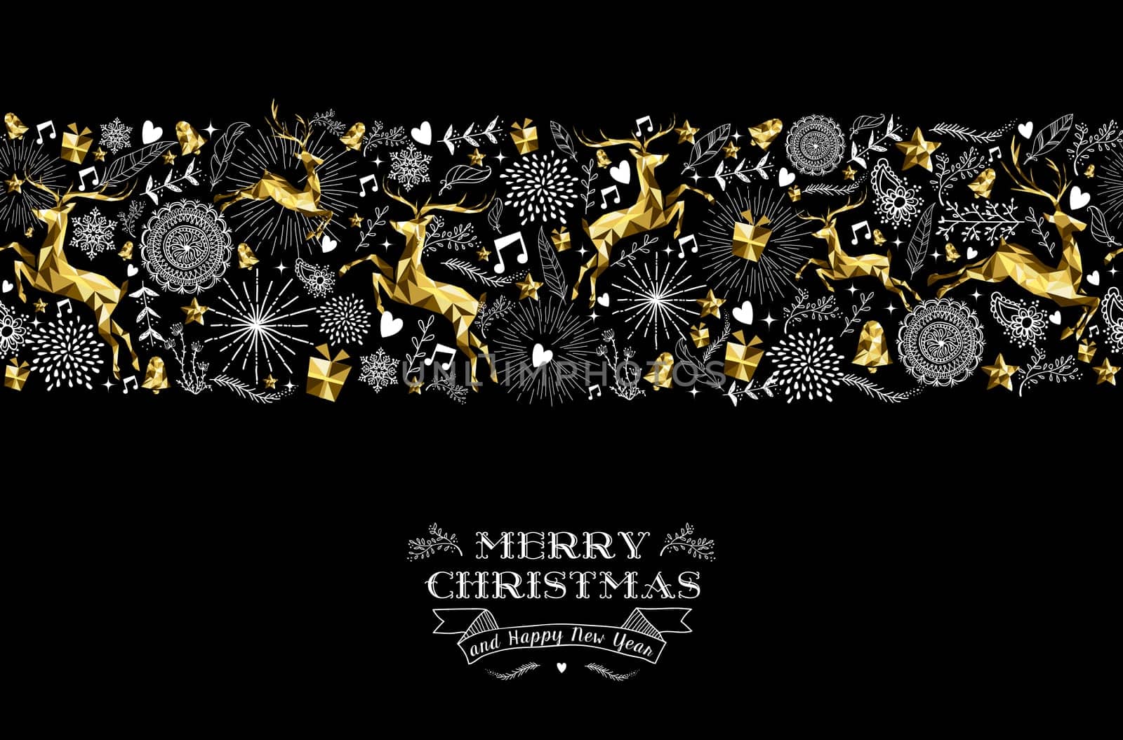 Merry christmas happy new year label design with holiday seamless pattern, reindeer silhouette and xmas elements in gold low poly style. Ideal for greeting card, poster or web. EPS10 vector.   .
