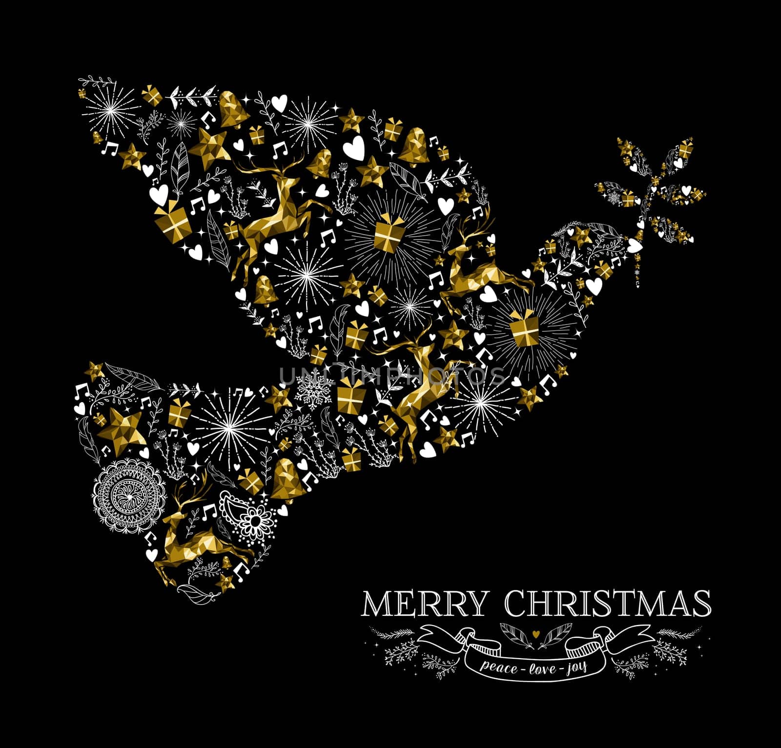 Merry Christmas Happy New Year greeting card design, holiday elements and reindeer in gold low poly style making peace dove bird shape silhouette. EPS10 vector.