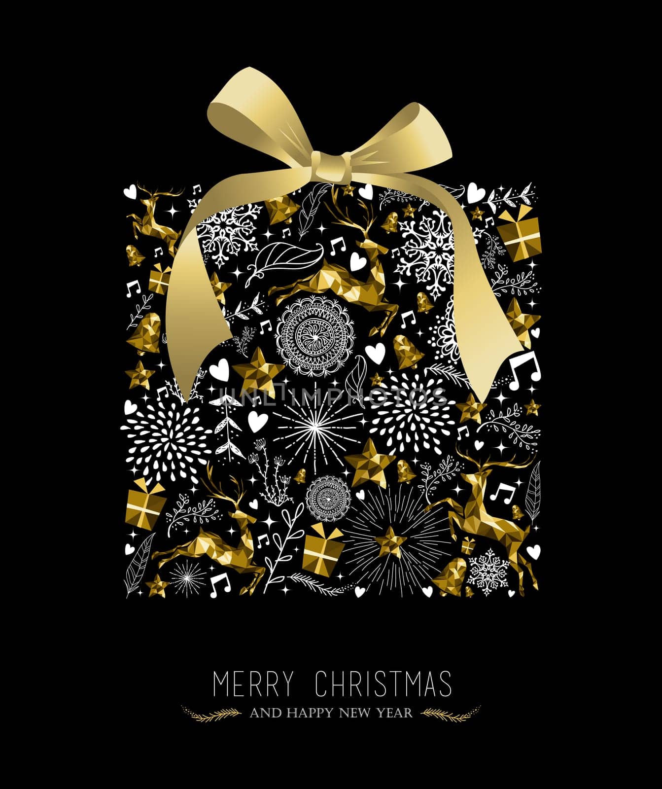Merry Christmas Happy New Year greeting card design, holiday elements and reindeer in gold low poly style making gift shape silhouette. EPS10 vector.