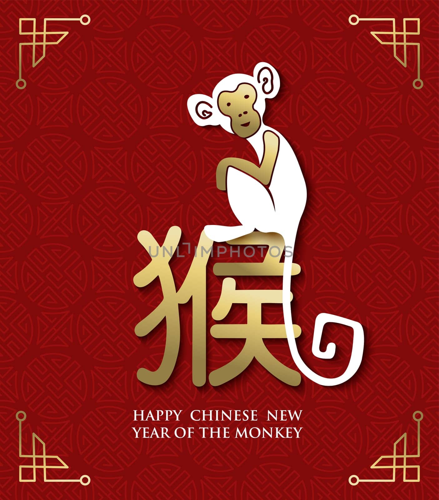 2016 Happy Chinese New Year of the Monkey cute ape in gold and white color with traditional china calligraphy text on red pattern background. EPS10 vector.