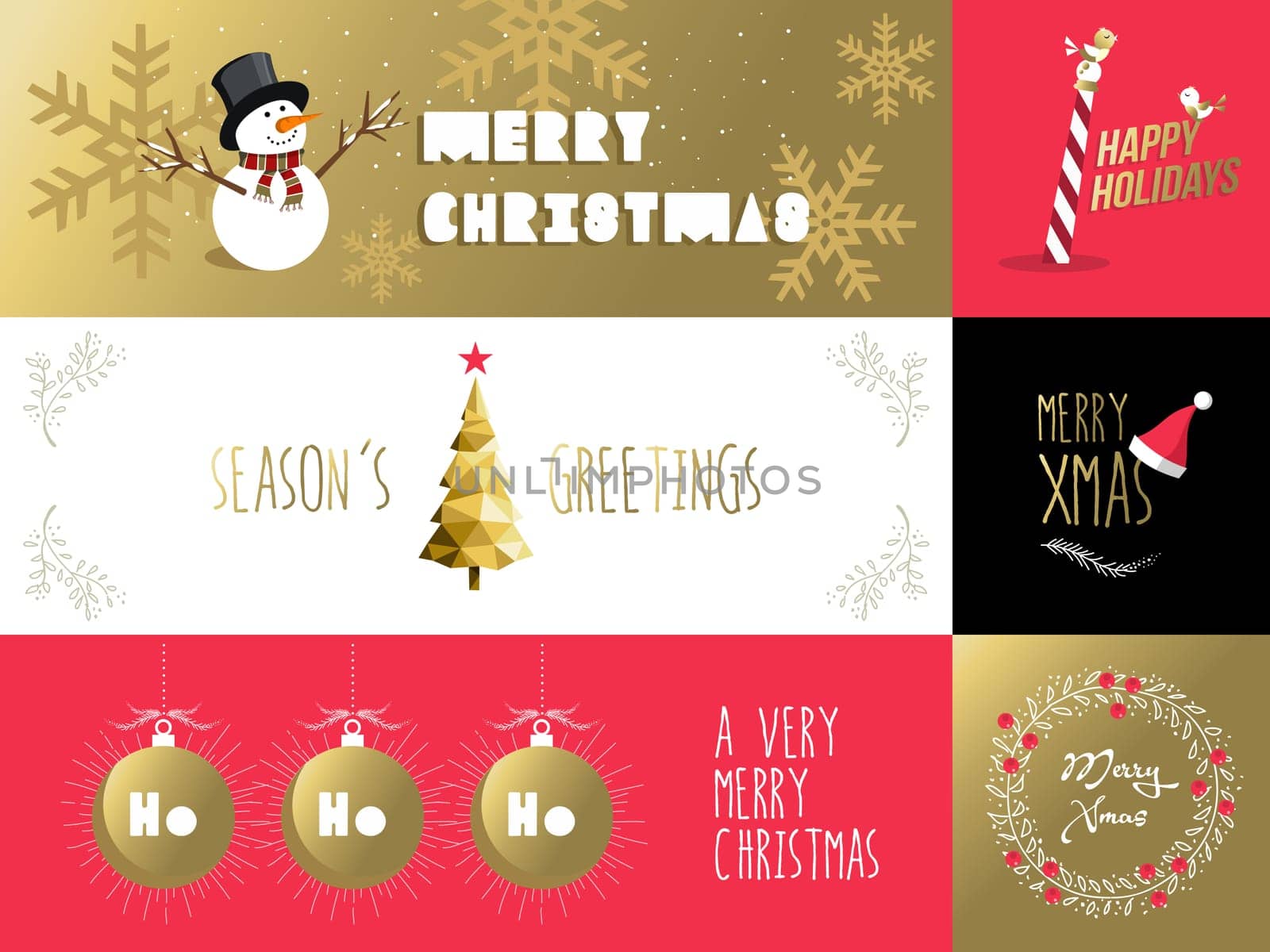 Merry Christmas set of retro labels and banners with gold red colors. Includes text, holiday elements, Xmas decoration. EPS10 vector.   .