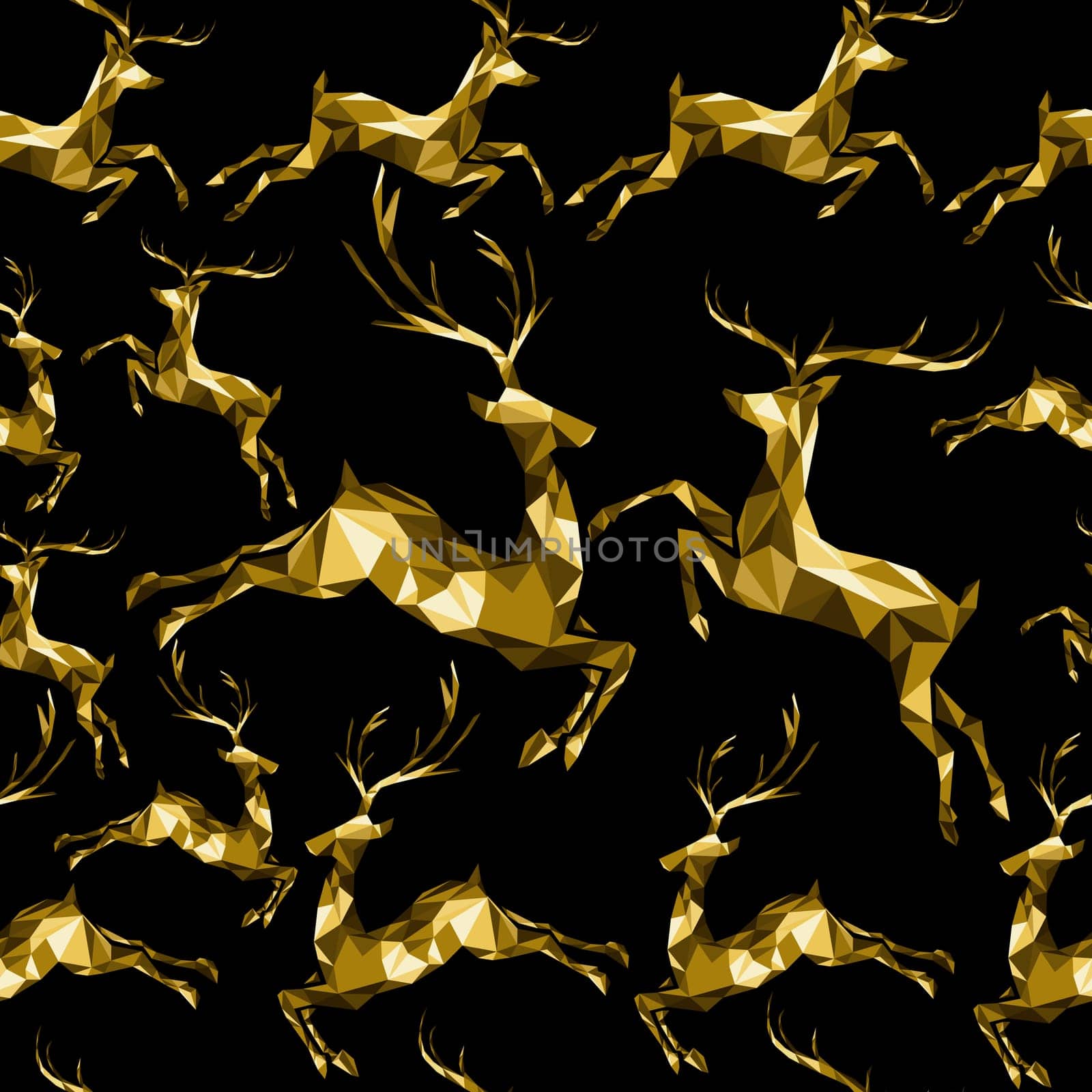 Festive gold low poly reindeer seamless pattern, deer concept background ideal for Christmas greeting card, new year poster or wrapping paper. EPS10 vector.
