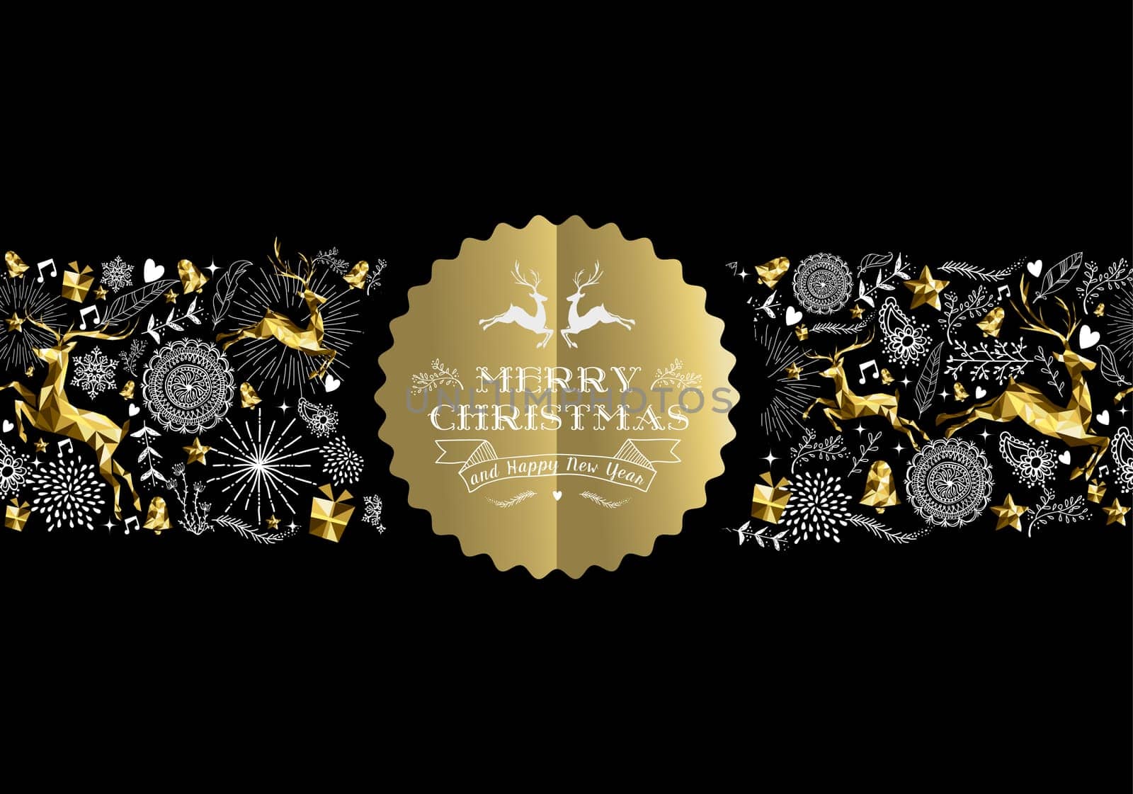 Merry Christmas Happy New Year gold label badge with low poly golden reindeer and holiday elements seamless pattern. Ideal for xmas greeting card, poster or web. EPS10 vector.   .