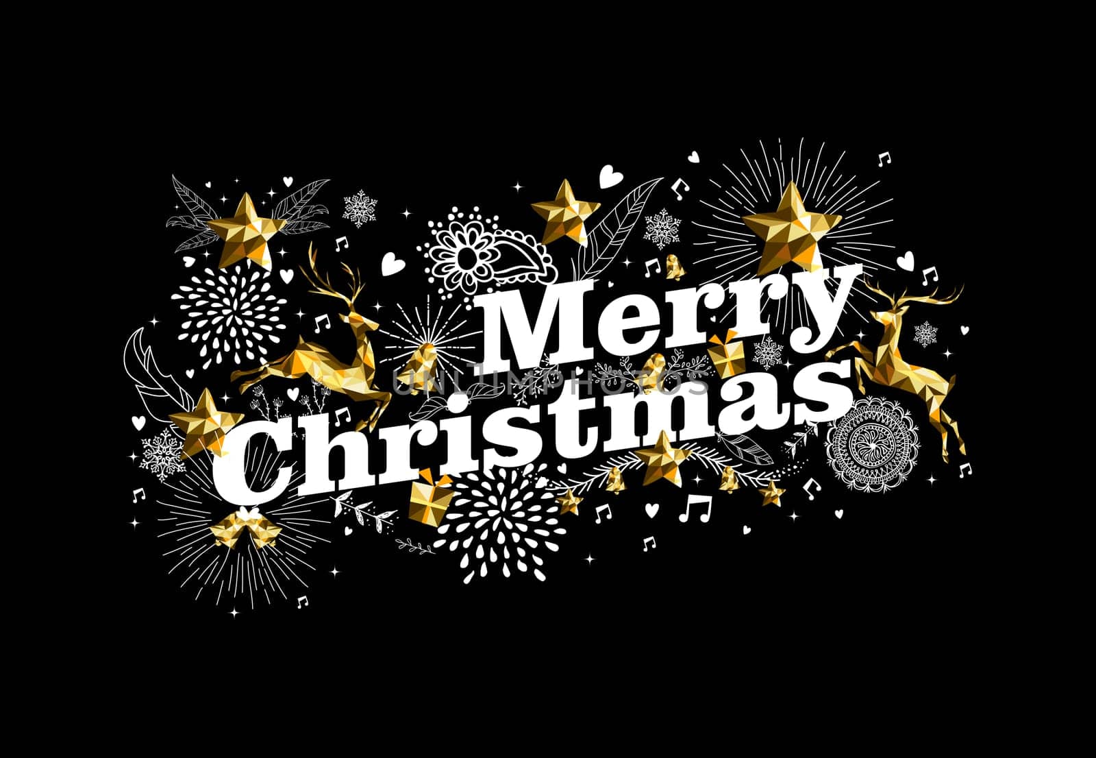 Merry christmas greeting card design with text, gold low poly reindeer and retro holiday shapes. EPS10 vector.