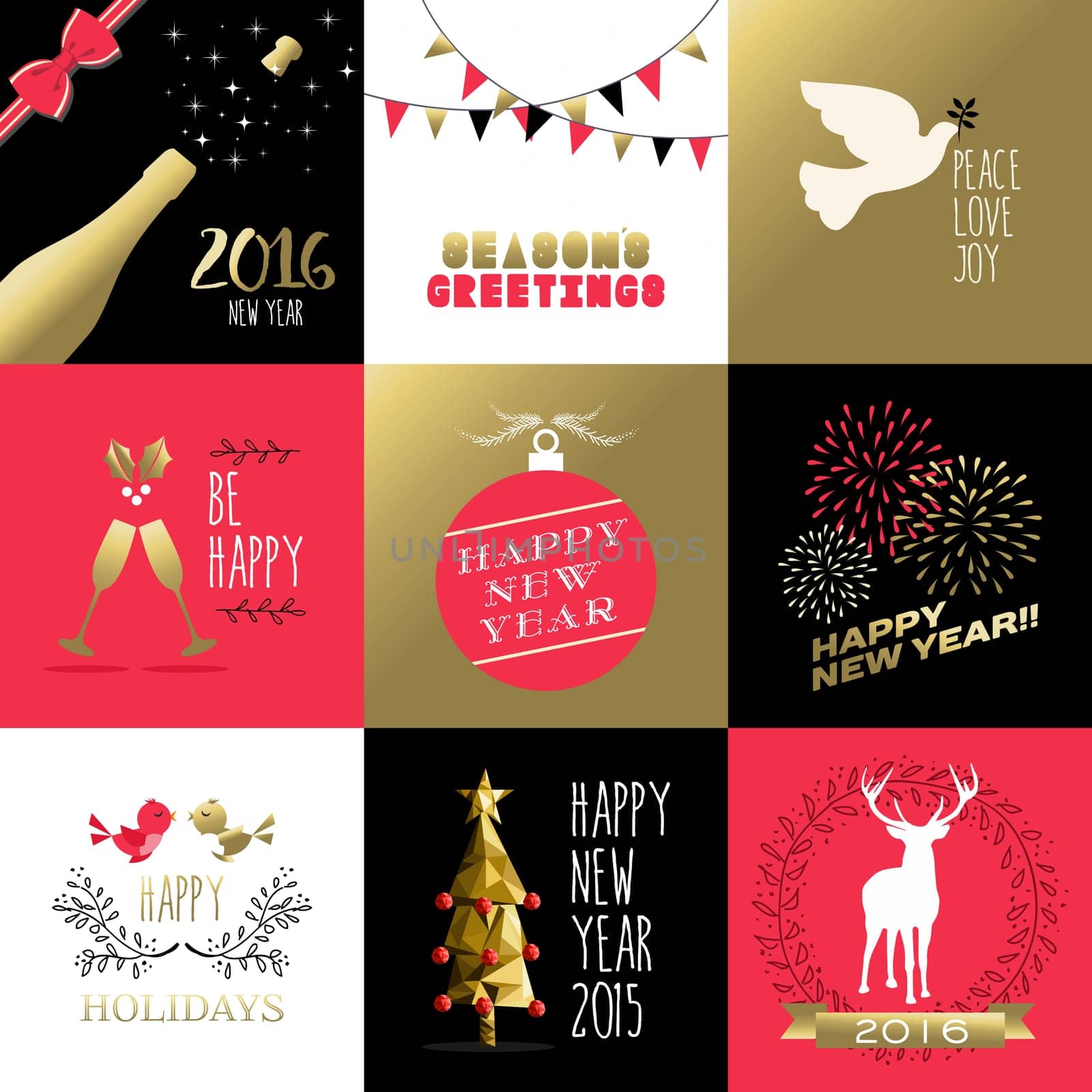 Happy New Year 2016 set of retro banners and labels with gold, red colors. Includes ornament decoration, holiday elements, fireworks. EPS10 vector.