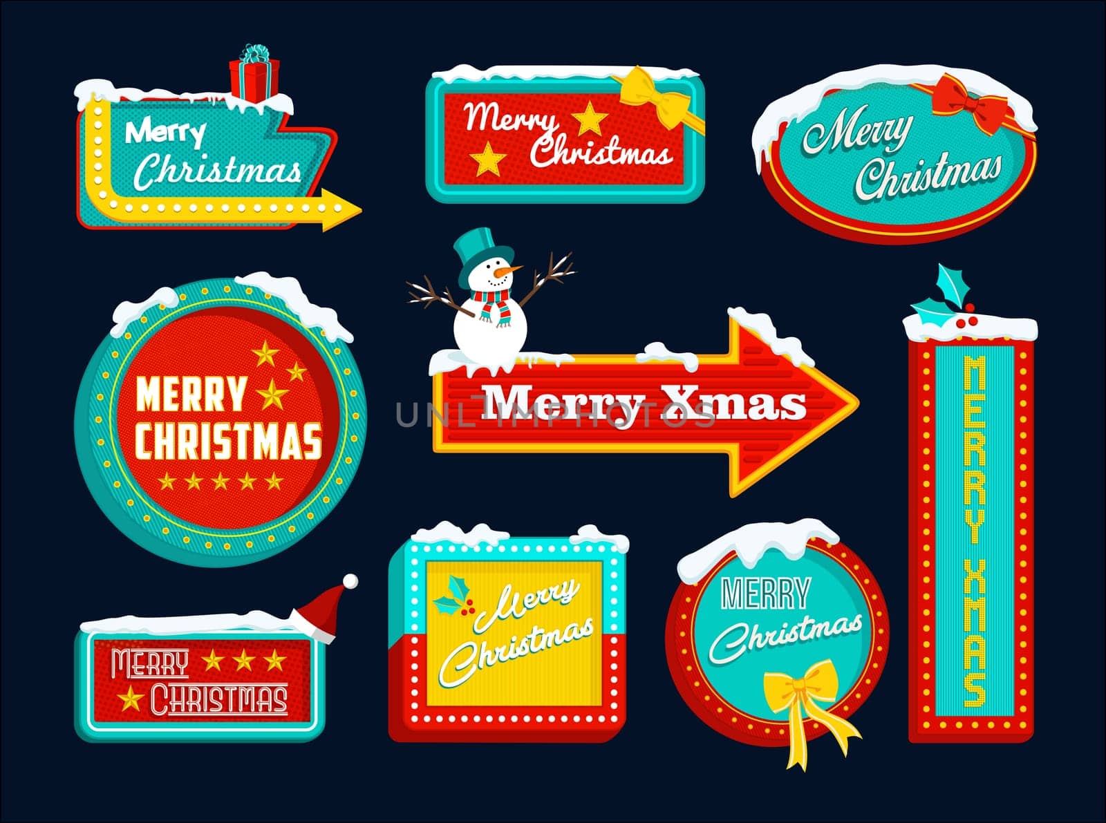 Merry Christmas set of retro signs with snow and holiday elements, snowman, gift, mistletoe. Ideal for xmas composition or vintage style design. EPS10 vector.