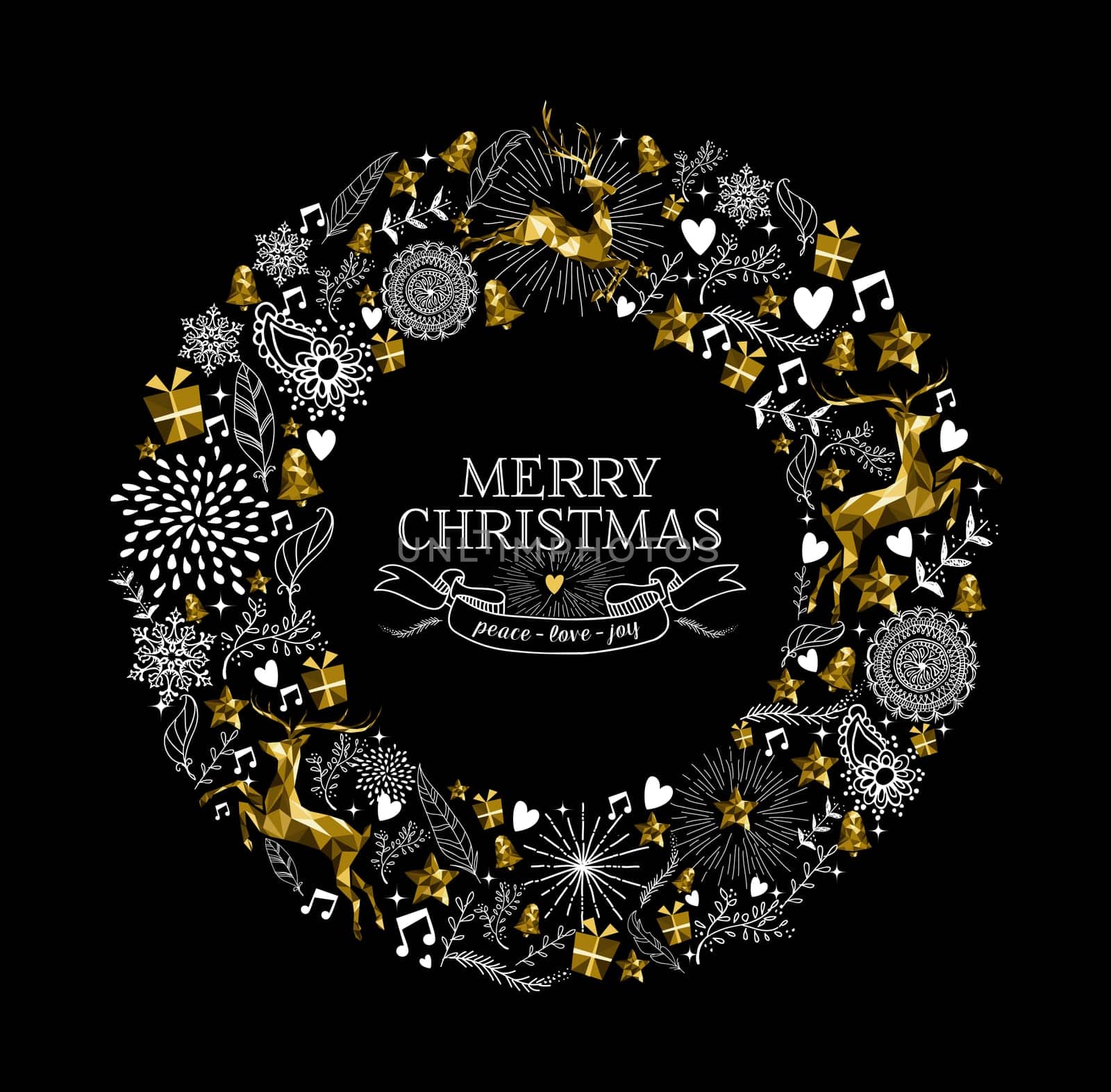 Merry Christmas label design with elegant wreath made from gold low poly reindeer silhouettes and hand drawn holiday elements. Ideal for Xmas greeting card. EPS10 vector.