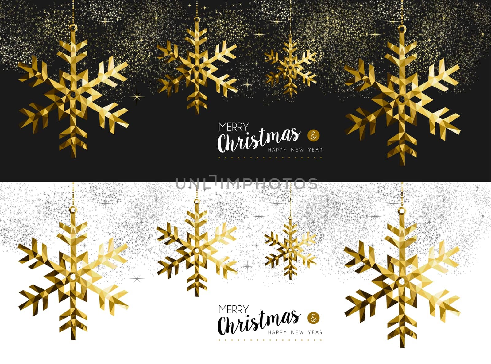 Merry Christmas Happy New Year social media cover banner set with gold low poly origami snowflake shapes on stars and firework background. EPS10 vector.   .
