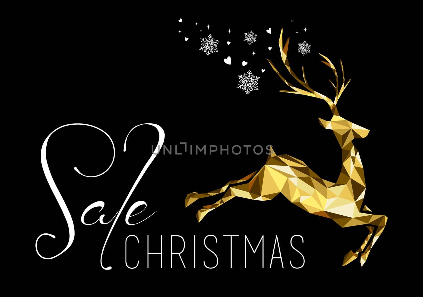 Christmas sale illustration design with gold low poly reindeer and holiday elements. Ideal for business, shop or campaign poster. EPS10 vector.