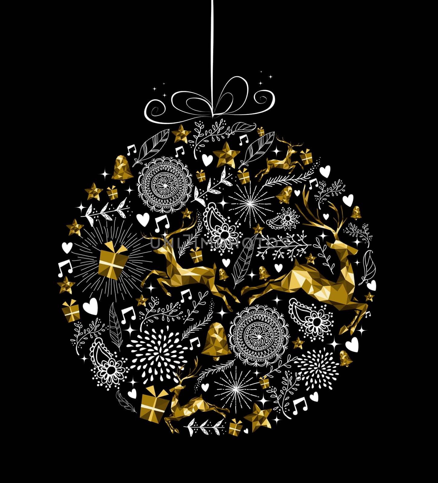 Merry Christmas Happy New Year greeting card design, holiday elements and reindeer in gold low poly style making bauble ball ornament shape silhouette. EPS10 vector.
