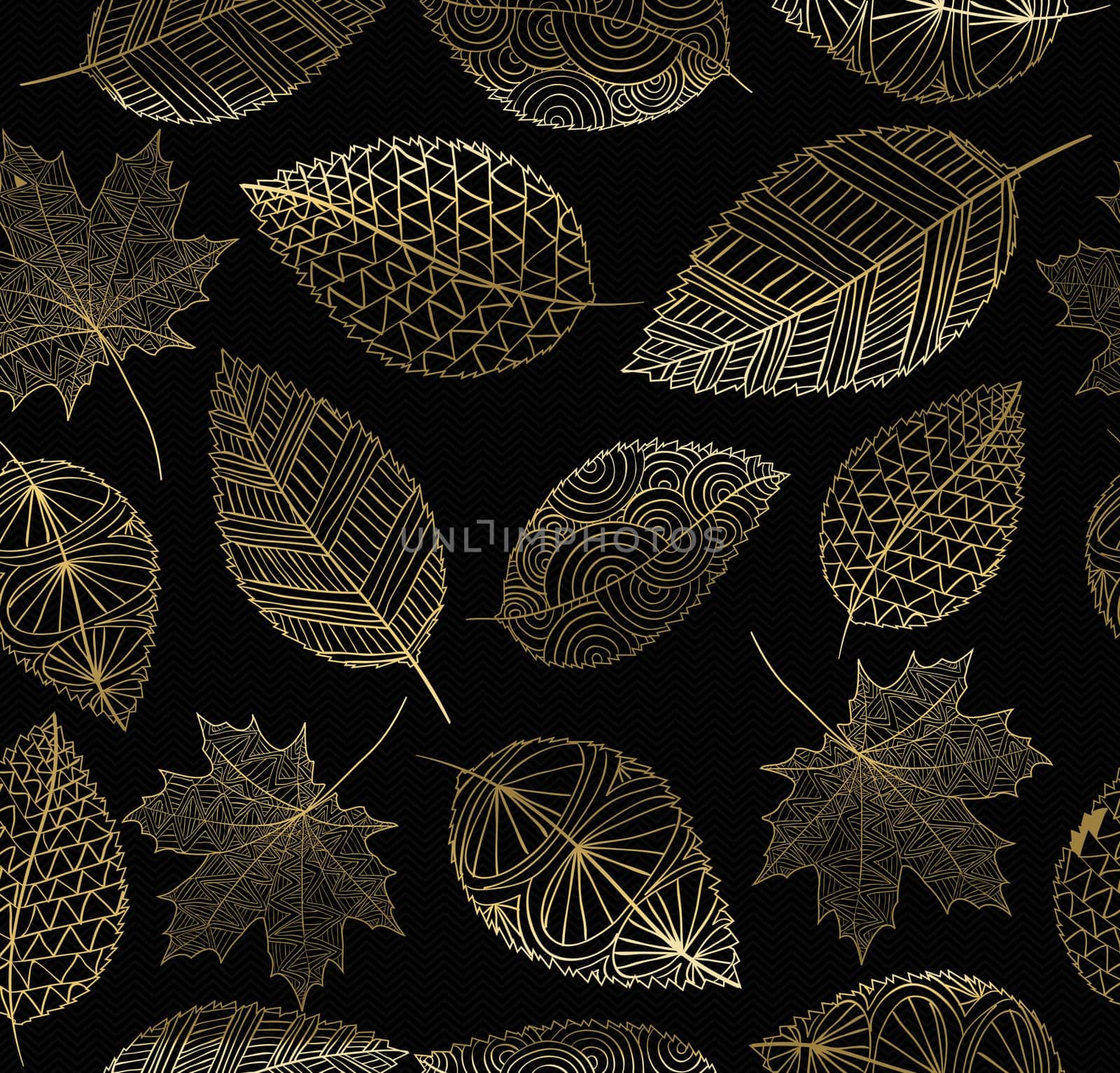 Fall seamless pattern with gold hand drawn leaves background. Ideal for card, wrapping paper, web or print texture. EPS10 vector..