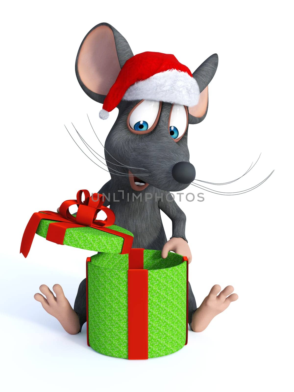 A cute smiling cartoon mouse sitting on the floor wearing a Santa hat and opening a big Christmas gift. White background.