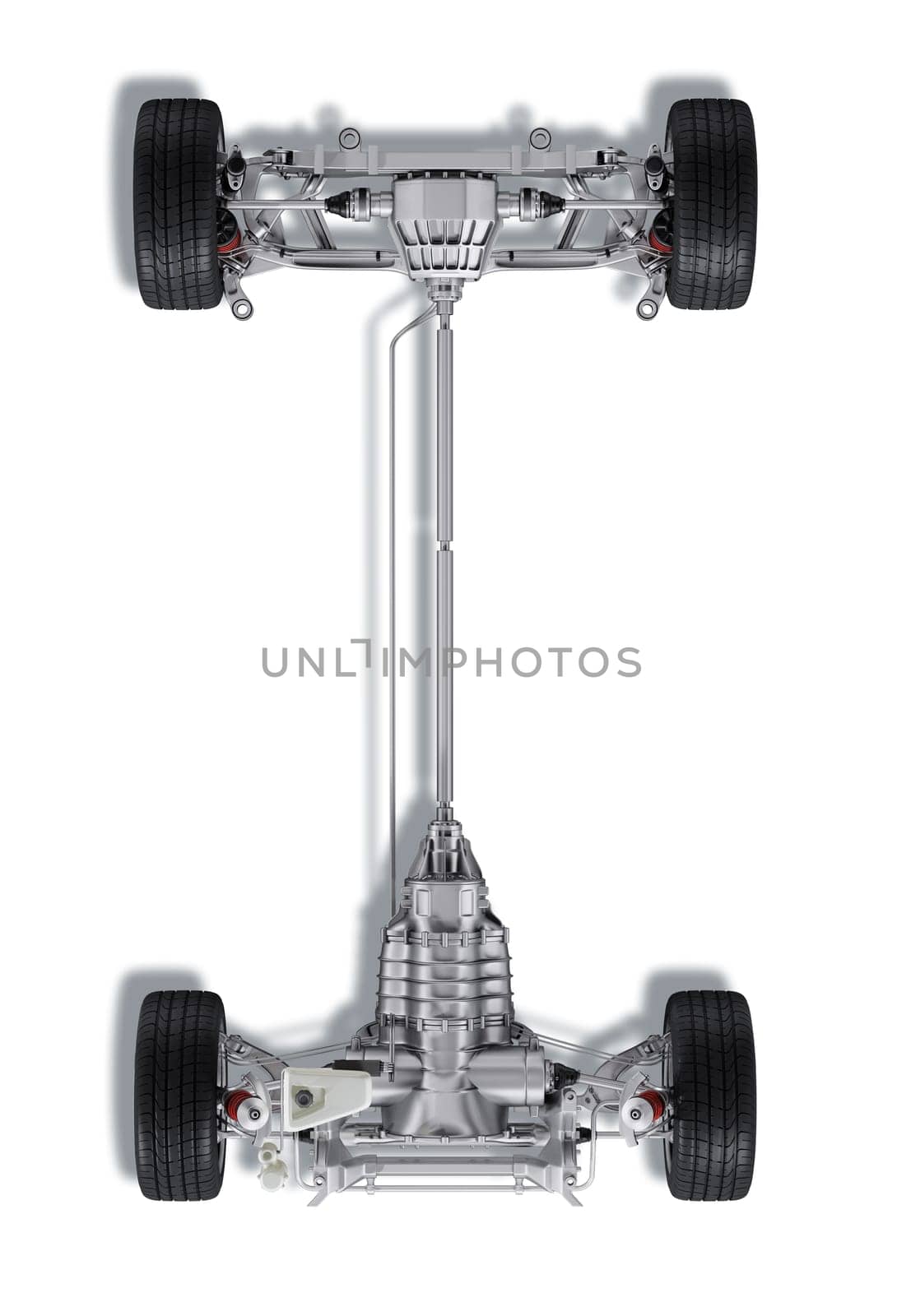 Under carriage technical 3 D rendering, of a generic sedan contemporary car. On white background, with clipping path.