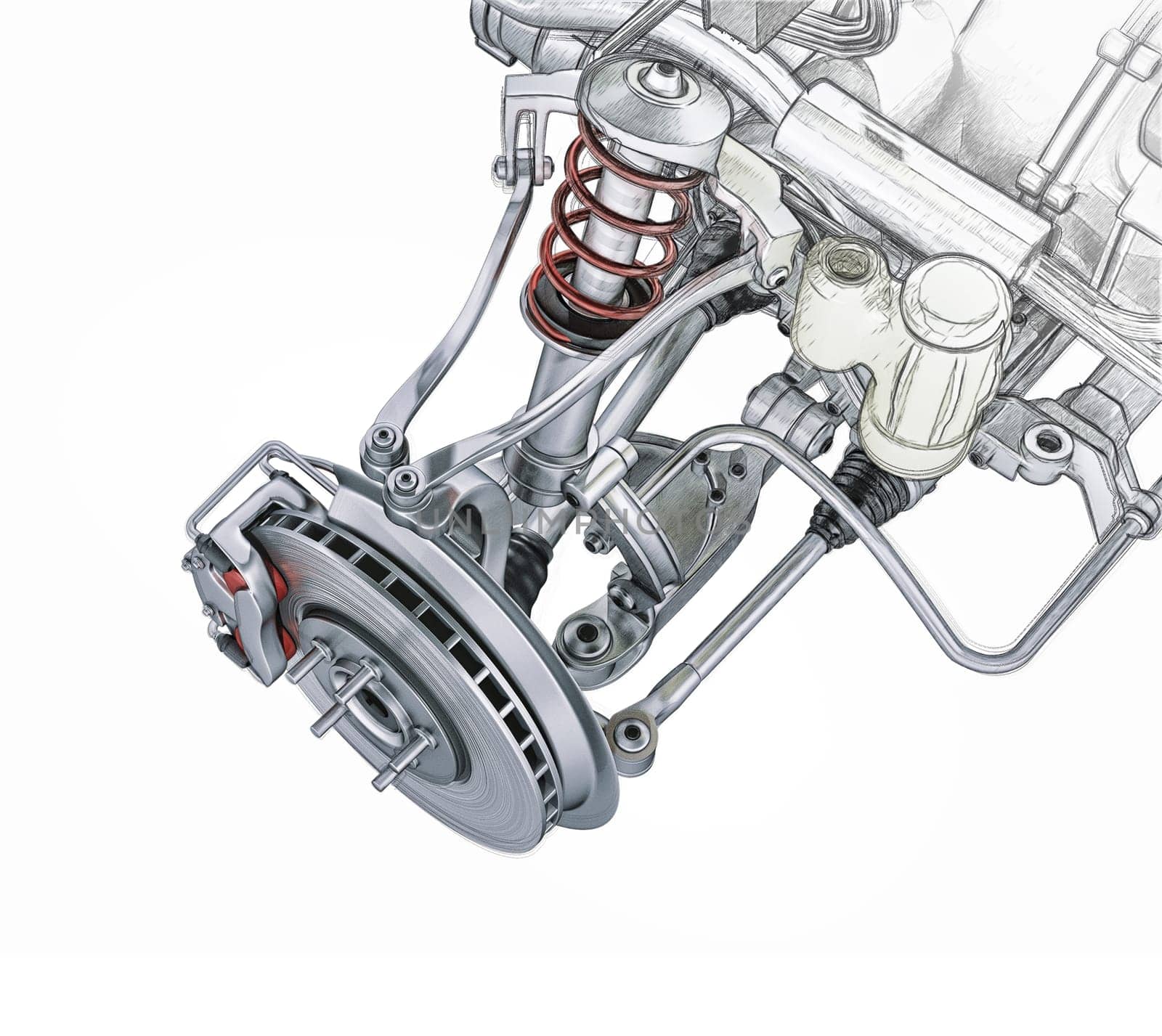 Multi link front car suspension, with brake. perspective view. Photorealistic 3 D rendering, with morphing effect to sketch hand drawing.