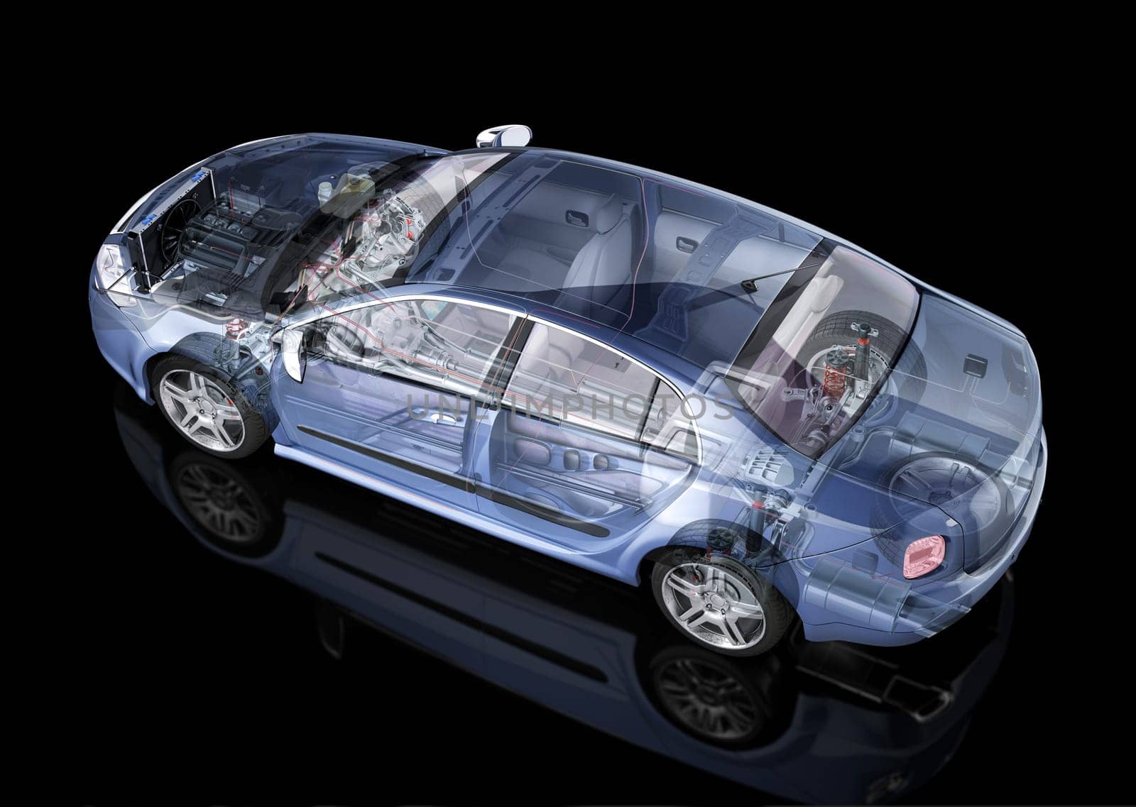 Generic sedan car detailed cutaway representation, with ghost effect, on black backgound. Side/Rear perspective view. Clipping path included.