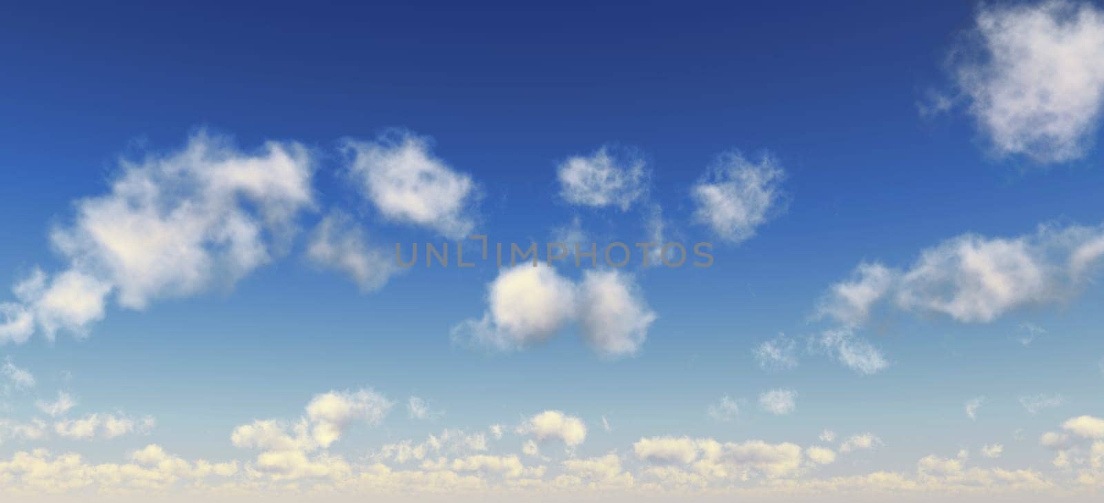 Blue sky with fluffy white clouds. Wide format. Computer generated Image.