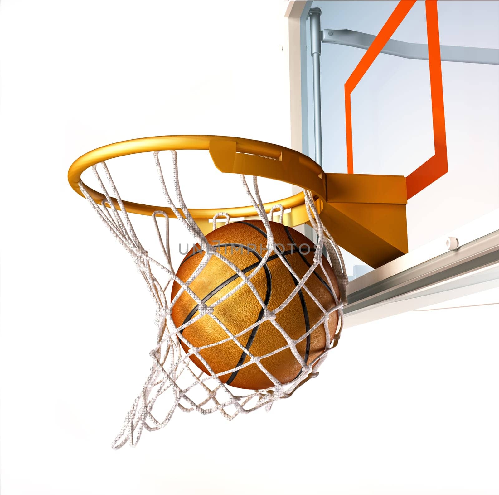 Basket ball centering the basket, with the ball inside the net, close up view, on white background.