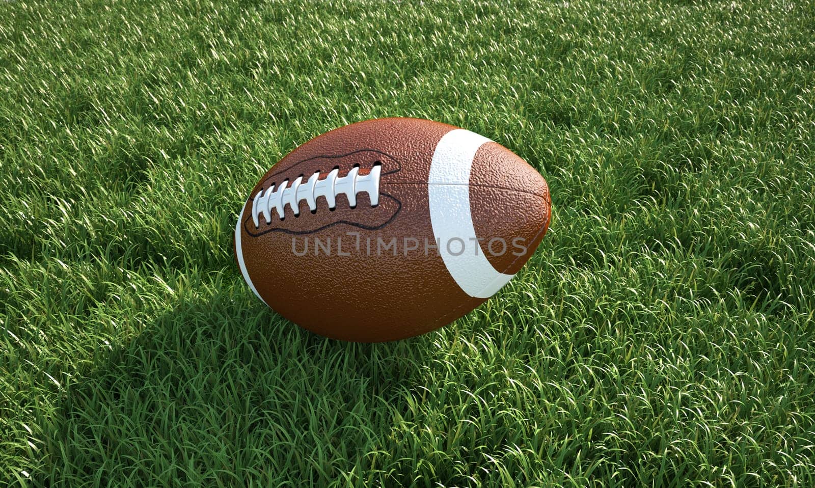 American football ball, on the grass, in the sun. Close up, bird eye view. Clipping path included.