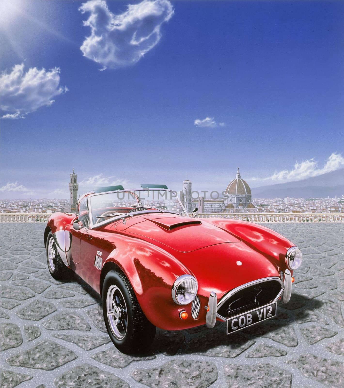 AC Cobra car, in Michelangelo Square in Florence, Italy. With the cityscape in the background. Airbrush illustration.