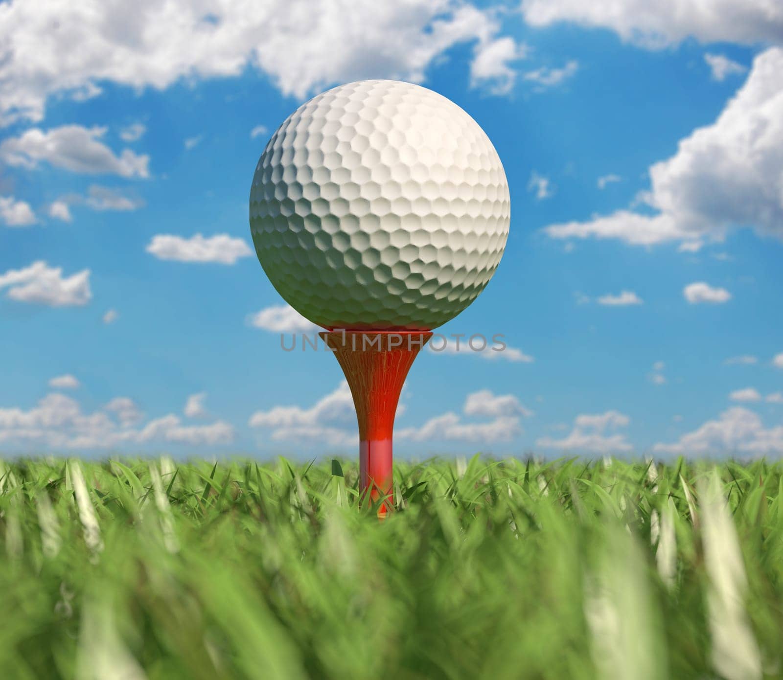 Golf ball isolated on tee in the grass, Close up, viewed from ground level with depth of field effect.