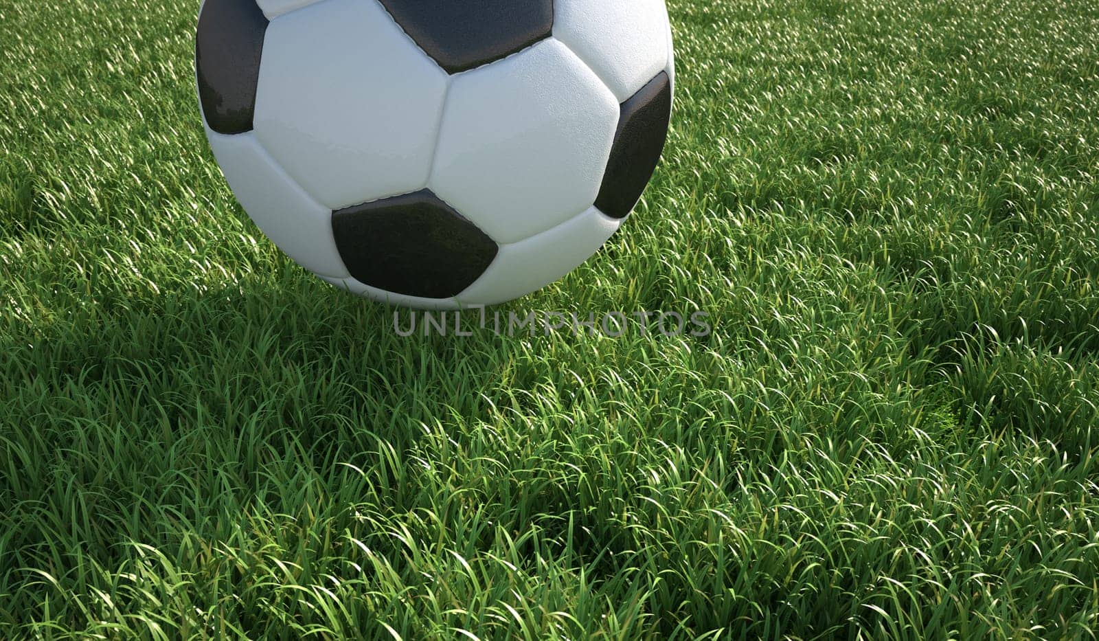 Soccer ball close up on grass lawn. The top part of the ball is cropped out of the scene.