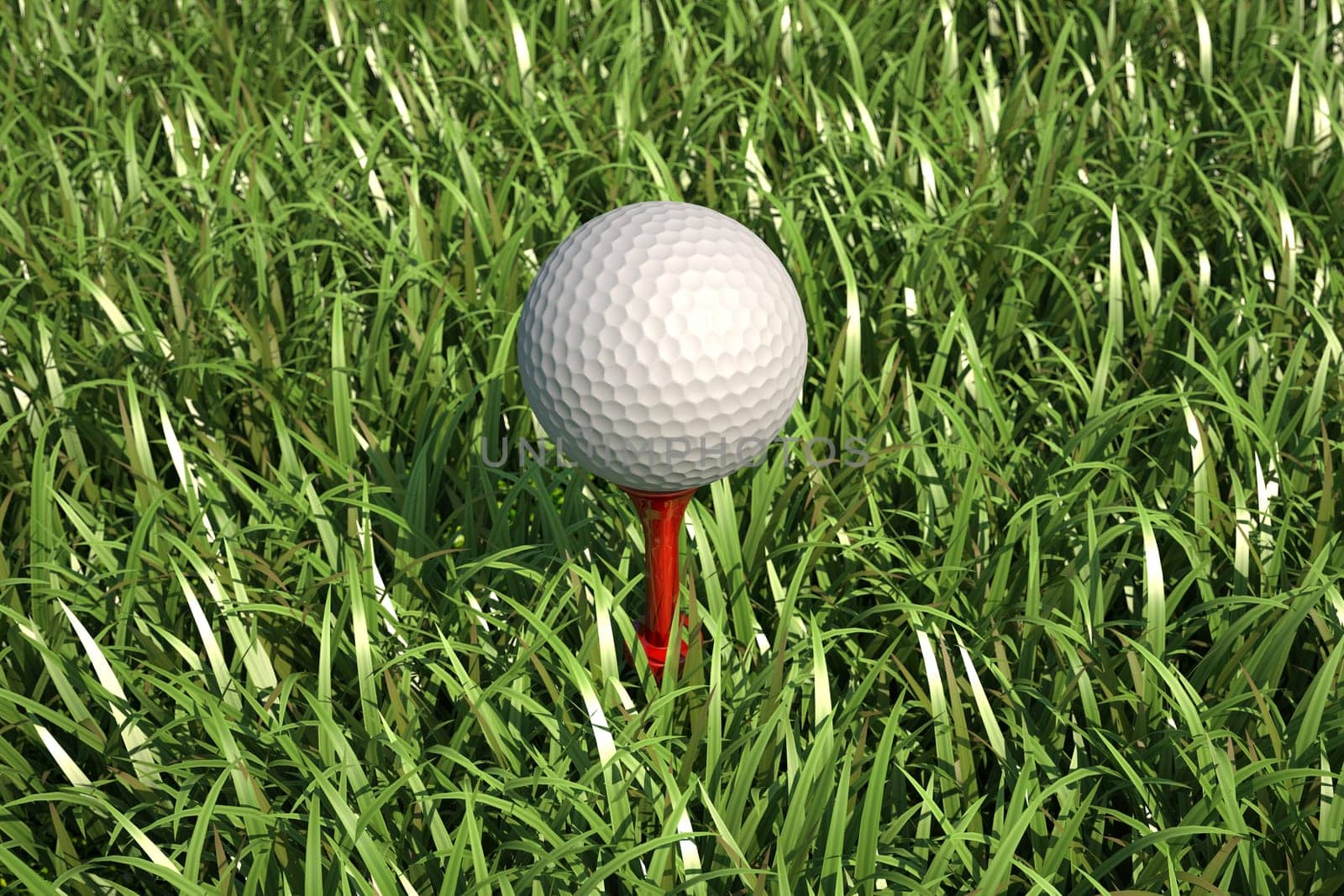 Golf ball isolated on tee in the grass, Close up, bird eye view