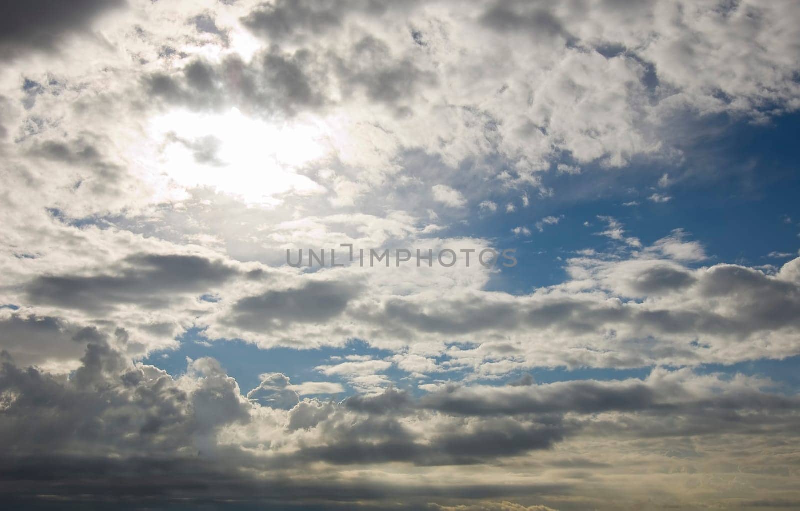 cloudy sky, with some blue and the sun behind the clouds.