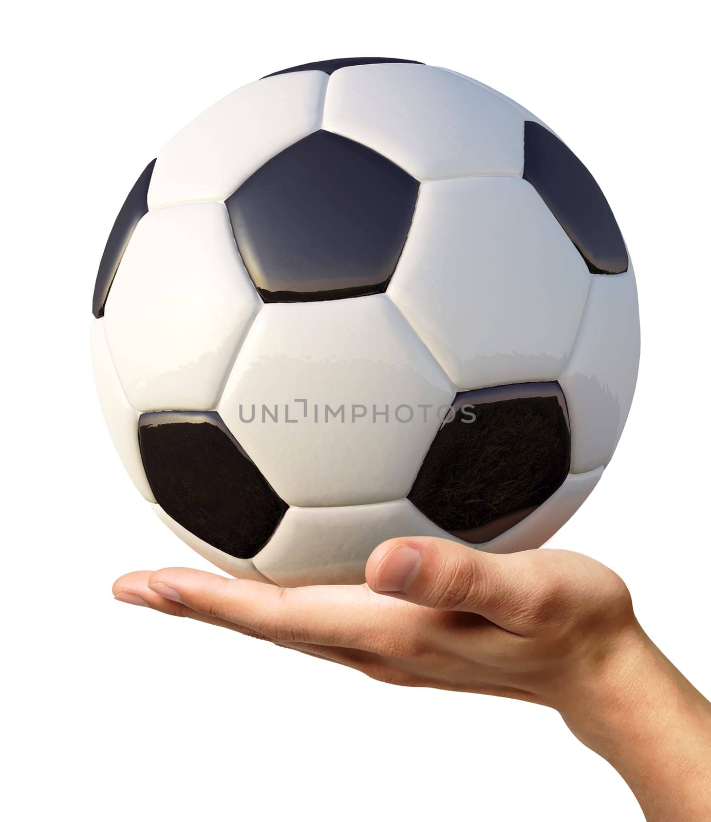 Man's hand holding a soccer ball on palm, viewed from a side. On white background. Clipping path included.