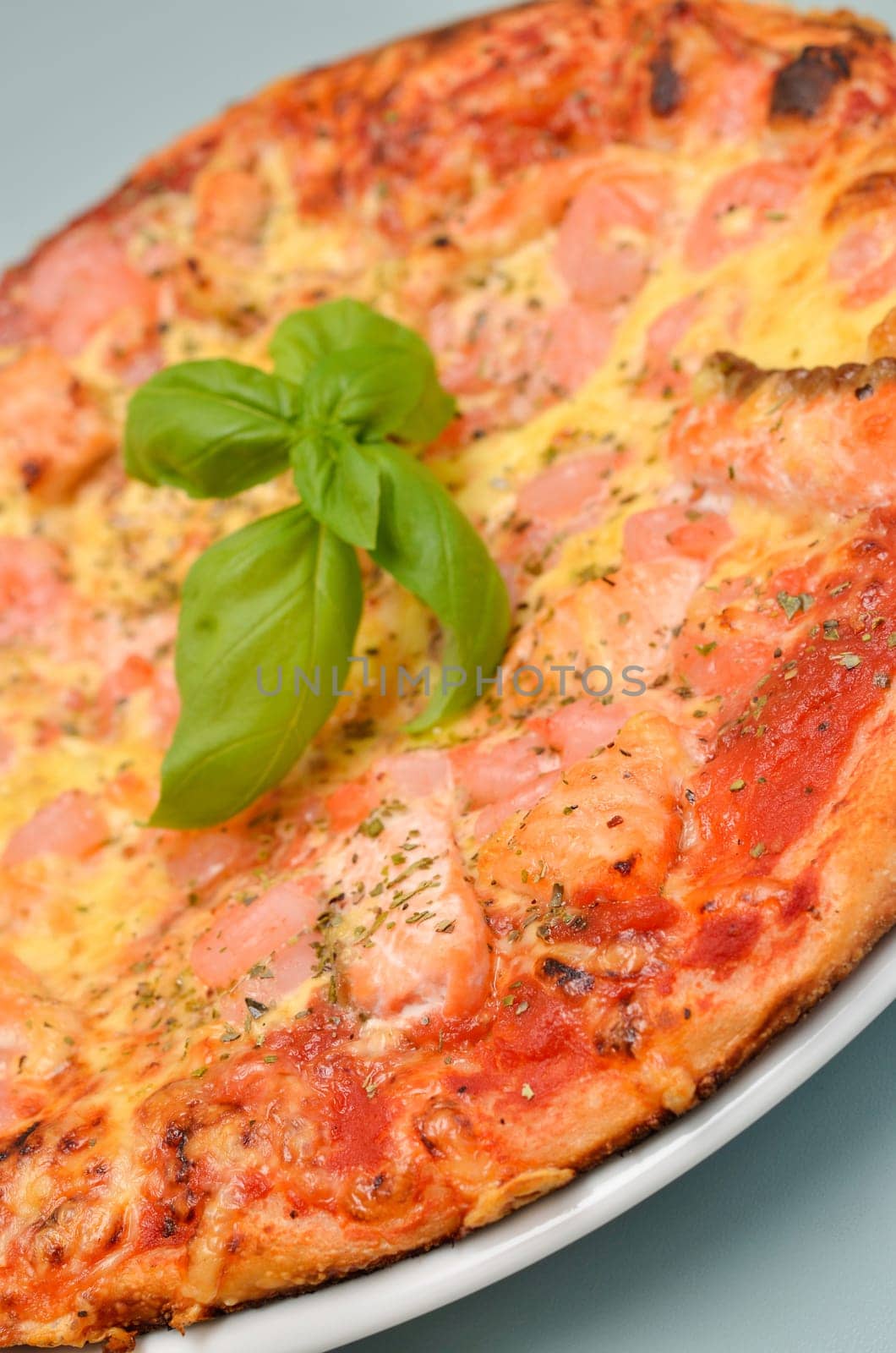 Close up of a pizza with salmon and shrimps, selective focus on foreground
