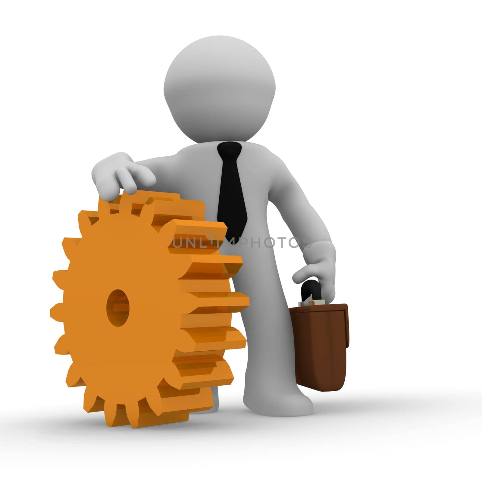 3d business character with a golden cogwheel